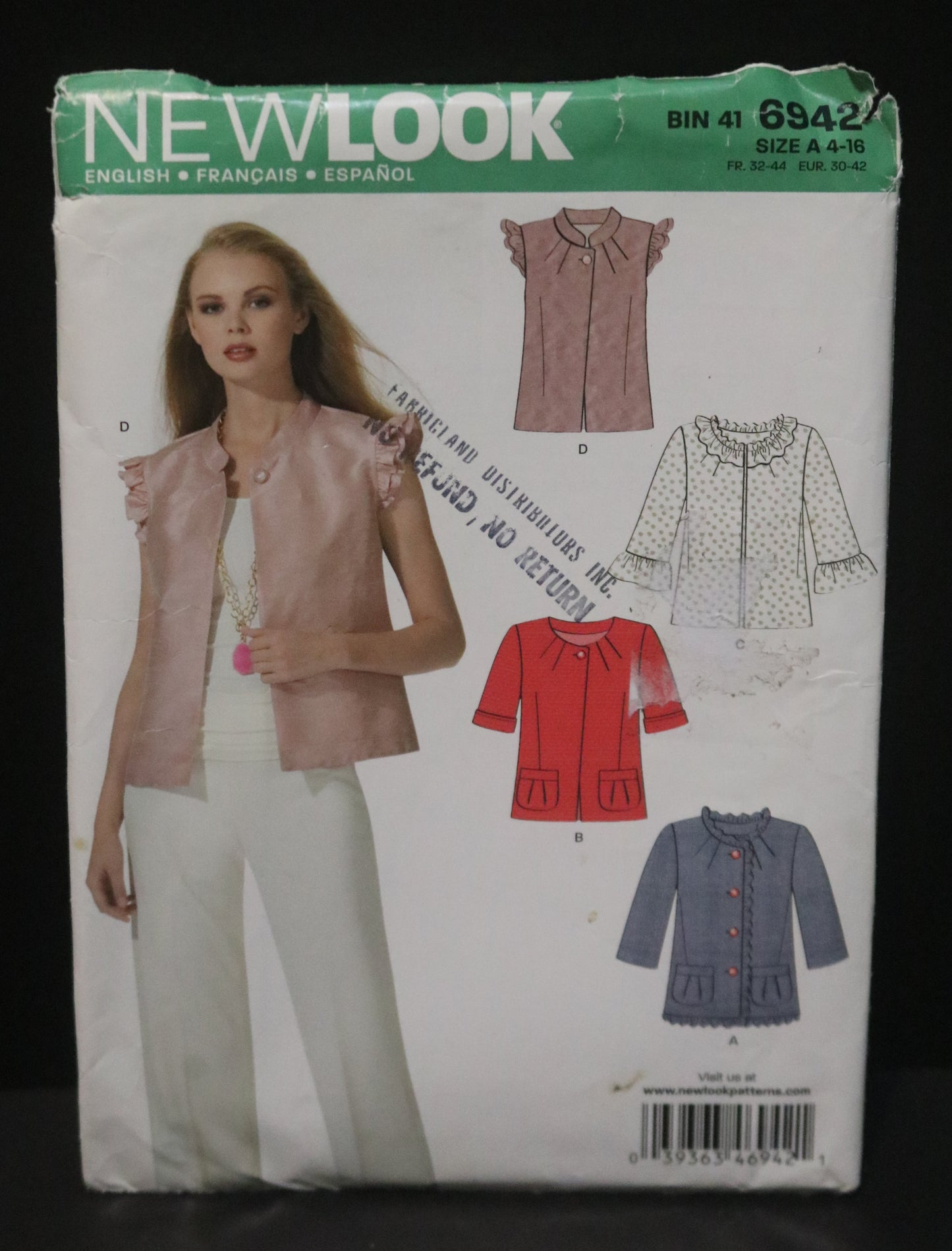 New Look 6942 Misses Jacket  Sewing Pattern UNCUT Size 4 - 16