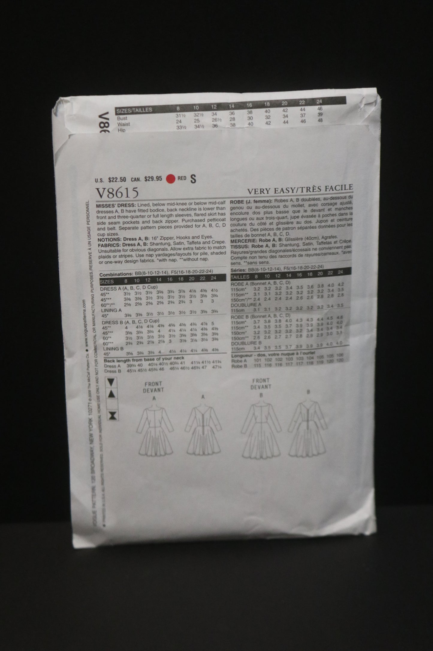 Vogue 8615 Misses Dress Sewing Pattern - UNCUT - Size 16 18 20 22 24