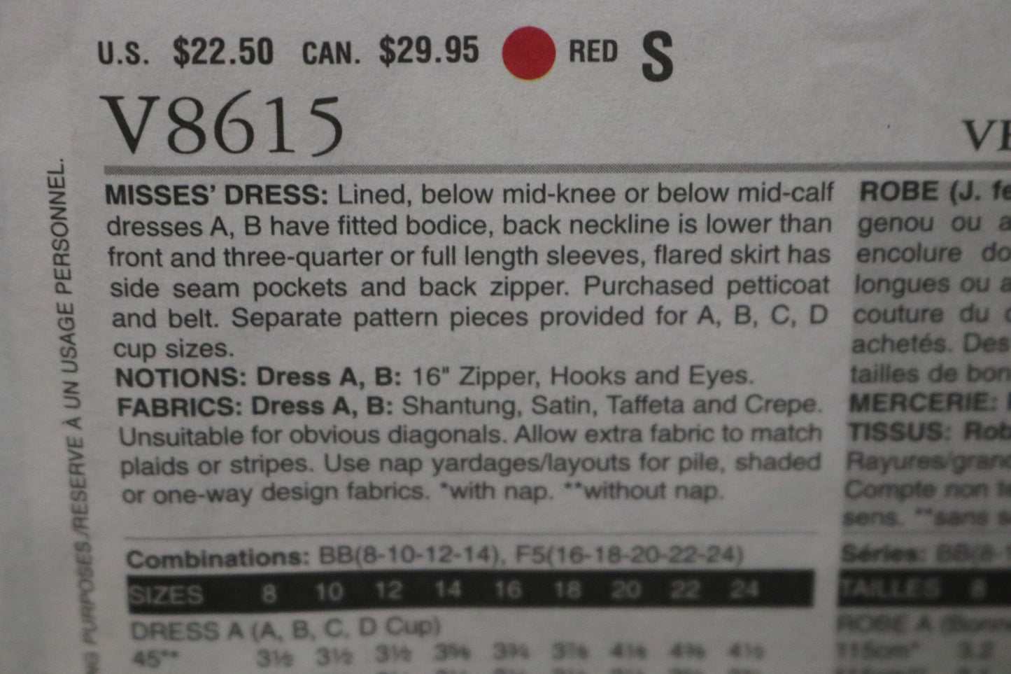 Vogue 8615 Misses Dress Sewing Pattern - UNCUT - Size 16 18 20 22 24