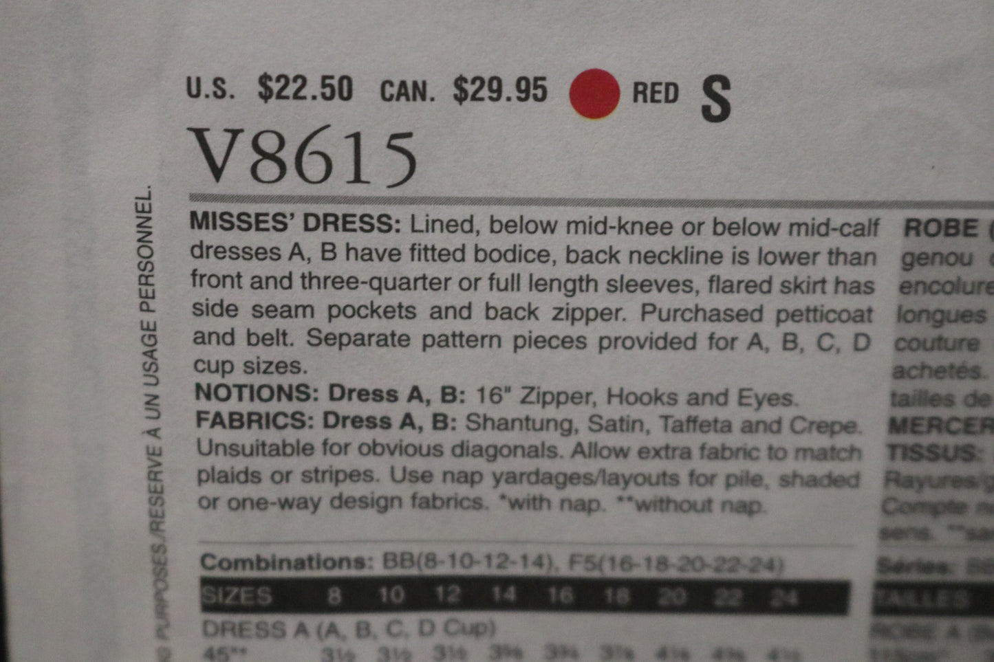 Vogue 8615 Misses Dress Sewing Pattern - UNCUT - Size 16 18 20 22 24