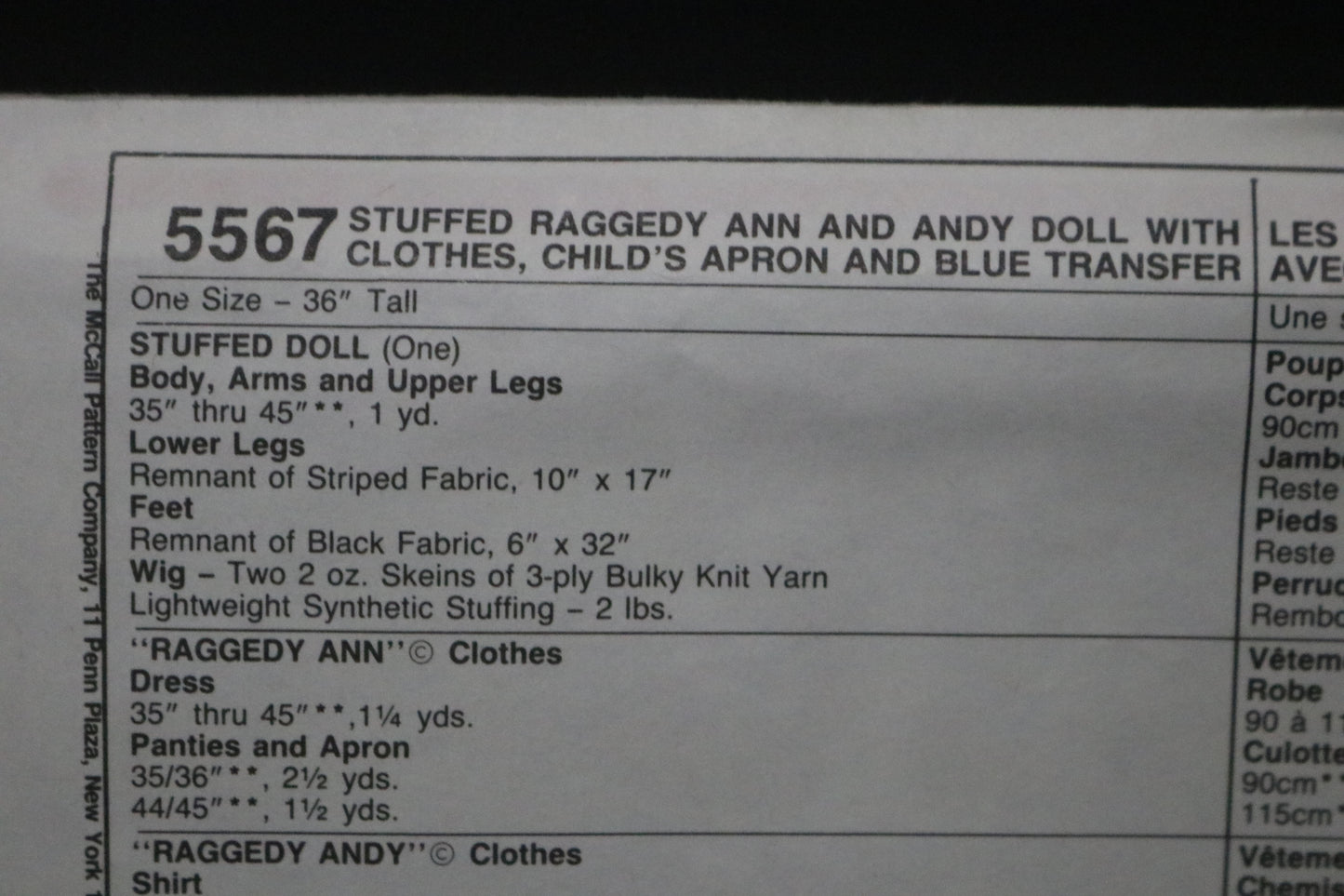 McCalls 2531 Raggedy Ann and Raggedy Andy Stuffed Dolls with Blue Transfer for embroidery Sewing Pattern Uncut