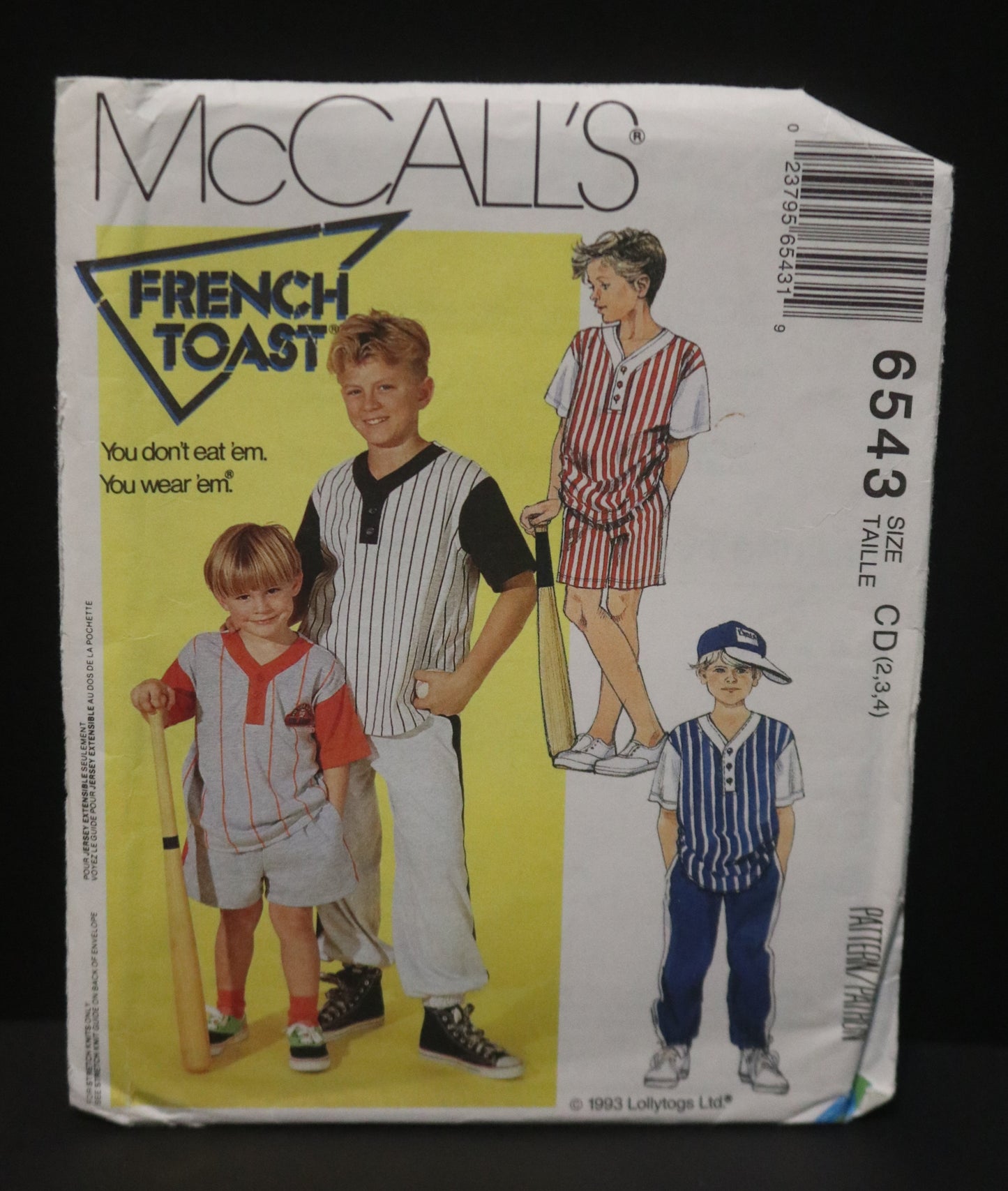 McCalls 6543 French Toast Children's and Boys Top Pants and Shorts Baseball Uniform Sewing Pattern - UNCUT - Size 2 3 4