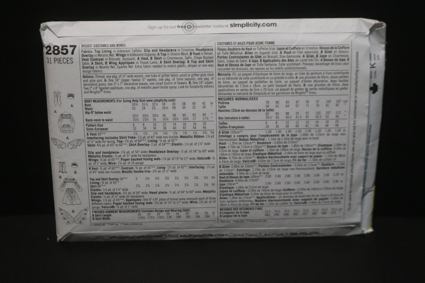 Simplicity 2857 Misses Costumes and Wings Sewing Pattern - UNCUT - Size 14 16 18 20