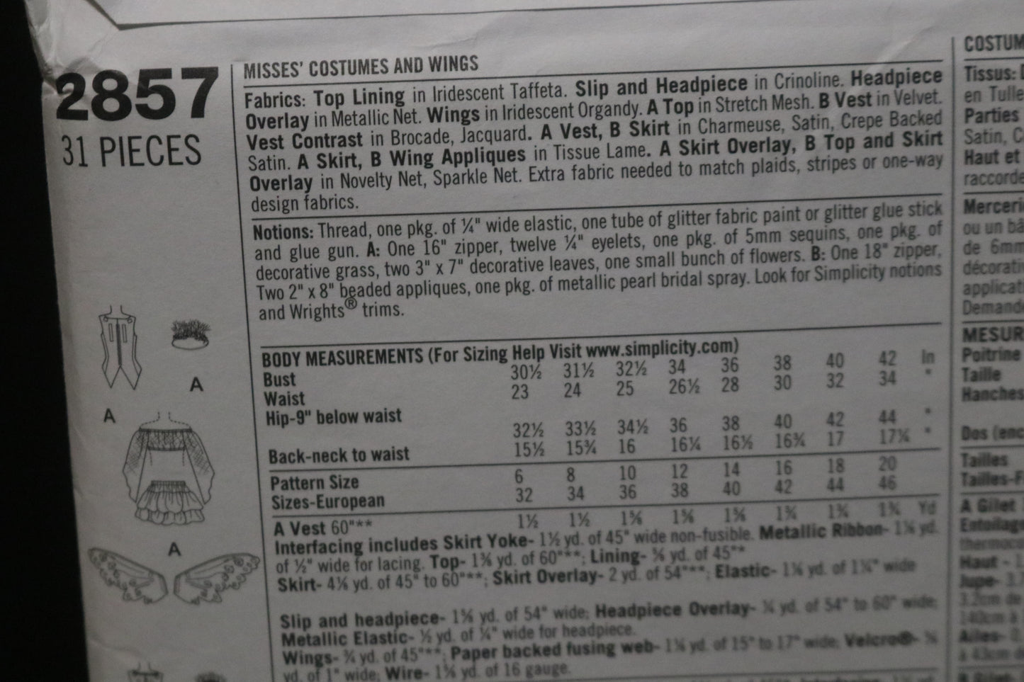 Simplicity 2857 Misses Costumes and Wings Sewing Pattern - UNCUT - Size 14 16 18 20