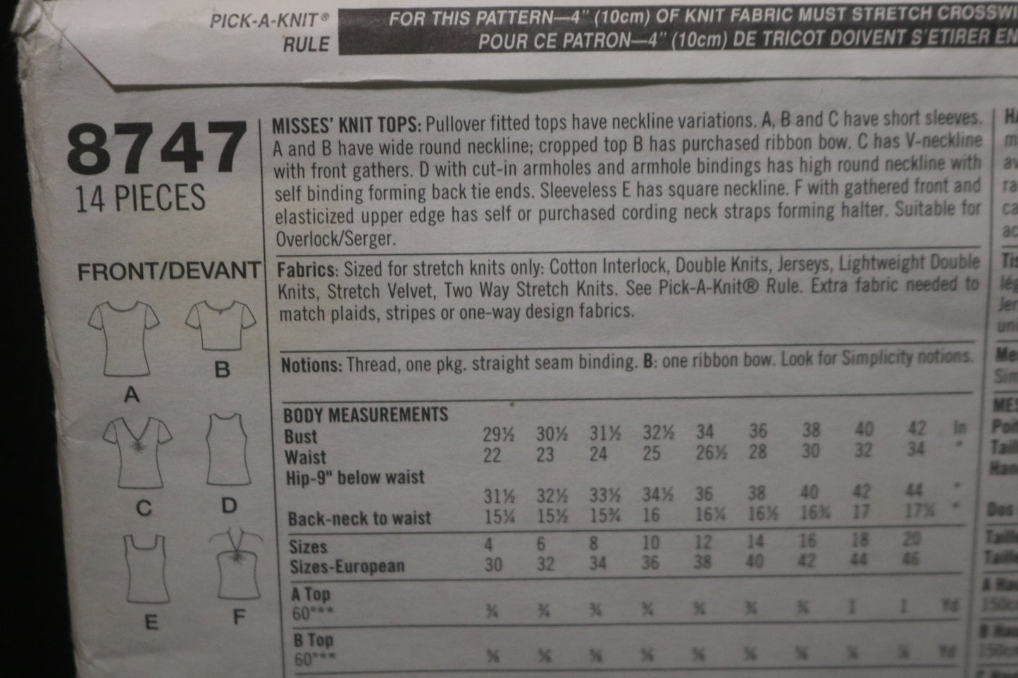 Simplicity 8747  Misses Knit Tops Sewing Pattern - UNCUT - Size 10 12 14