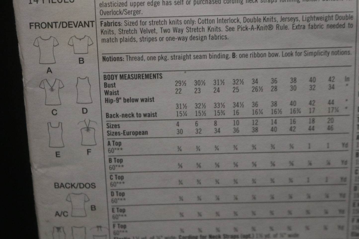 Simplicity 8747  Misses Knit Tops Sewing Pattern - UNCUT - Size 10 12 14