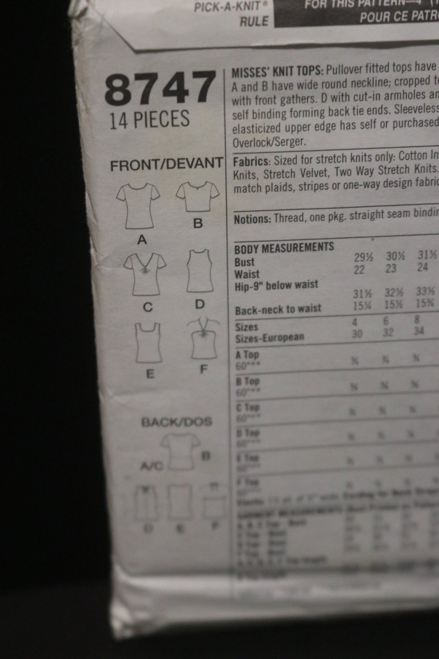 Simplicity 8747  Misses Knit Tops Sewing Pattern - UNCUT - Size 10 12 14