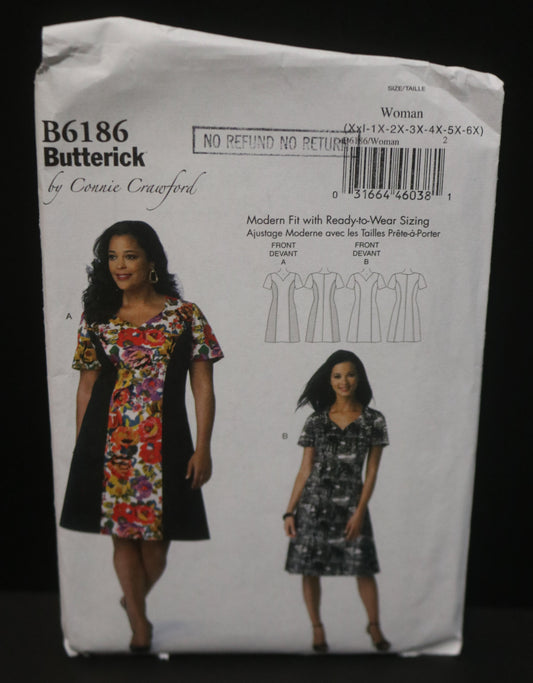 Butterick 6186 Connie Crawford Misses Dress Sewing Pattern - UNCUT - Size Xsm Sml Med Lrg Xlg or Size XxL 1X 2X 3X 4X 5X 6X