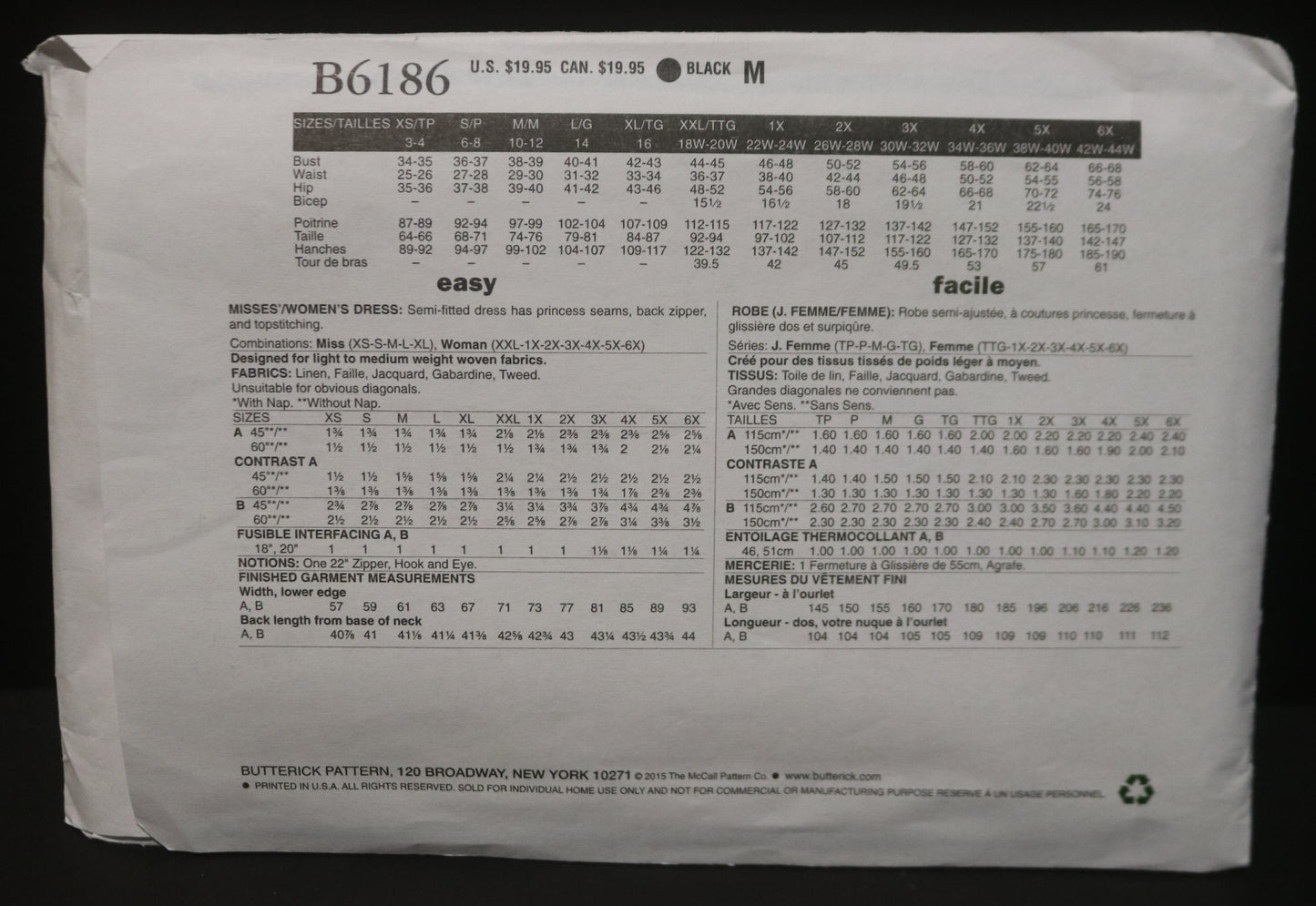 Butterick 6186 Connie Crawford Misses Dress Sewing Pattern - UNCUT - Size Xsm Sml Med Lrg Xlg or Size XxL 1X 2X 3X 4X 5X 6X