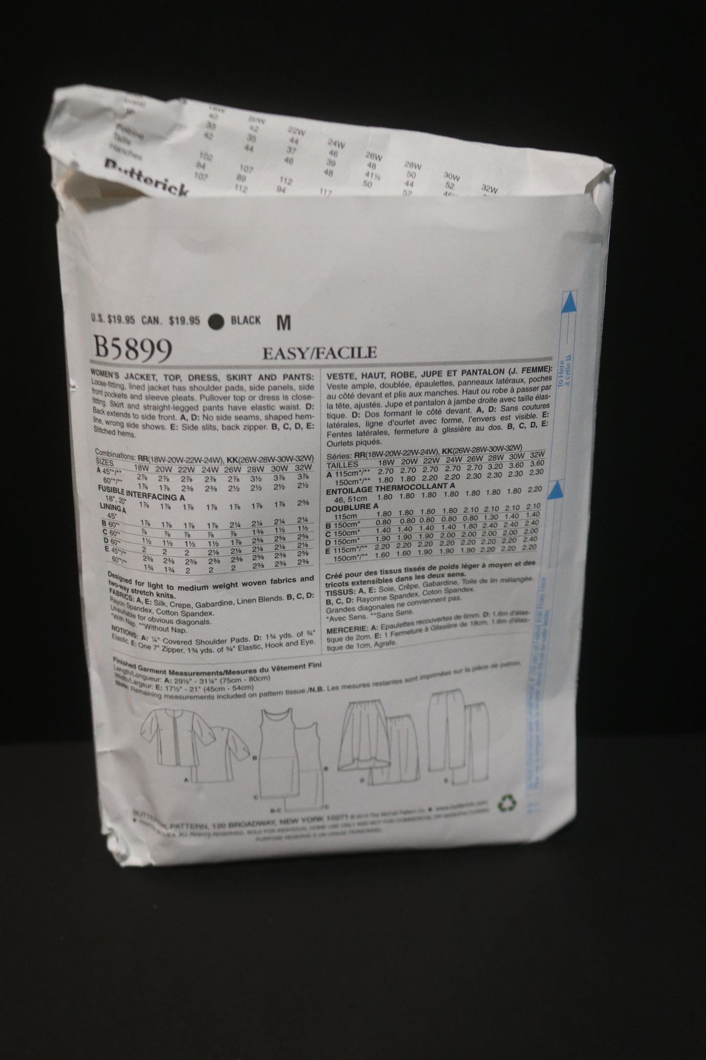 Butterick 5899 Womens Jacket Top Dress Skirt and Pants Sewing Pattern - UNCUT - Size 18w 20w 22w 24w