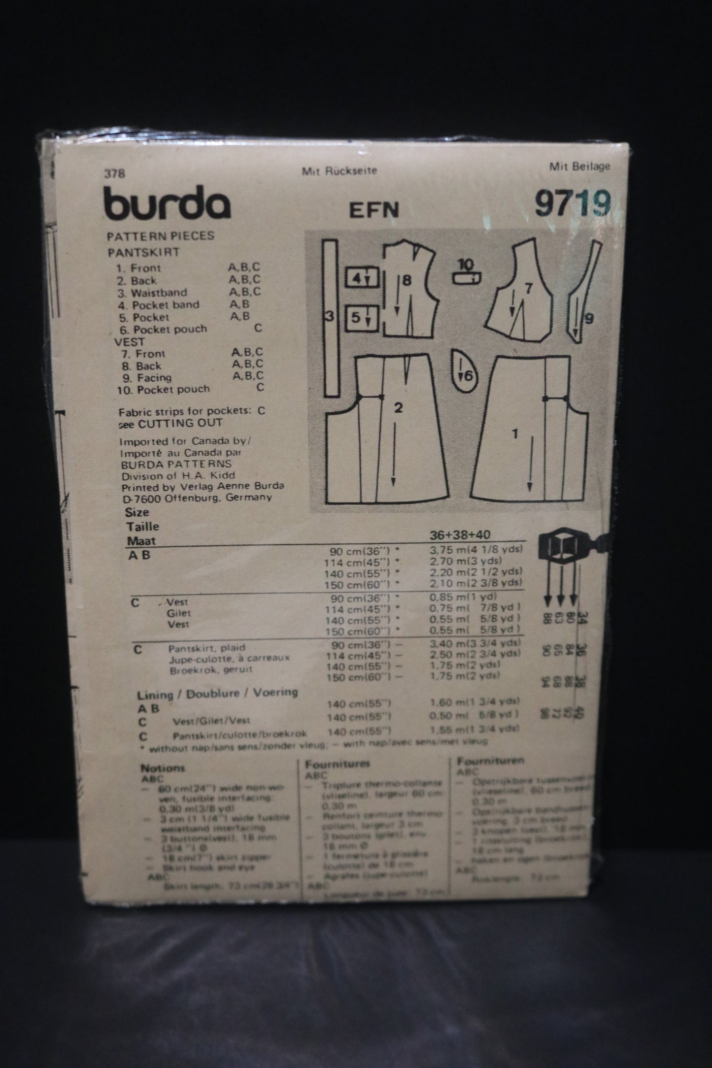 Burda 9719 Misses Vest and Pantskirt Sewing Pattern - UNCUT Size 10 12 14