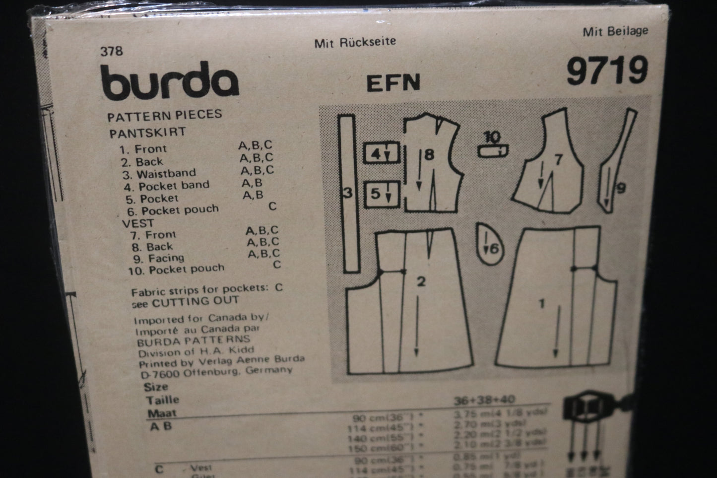 Burda 9719 Misses Vest and Pantskirt Sewing Pattern - UNCUT Size 10 12 14