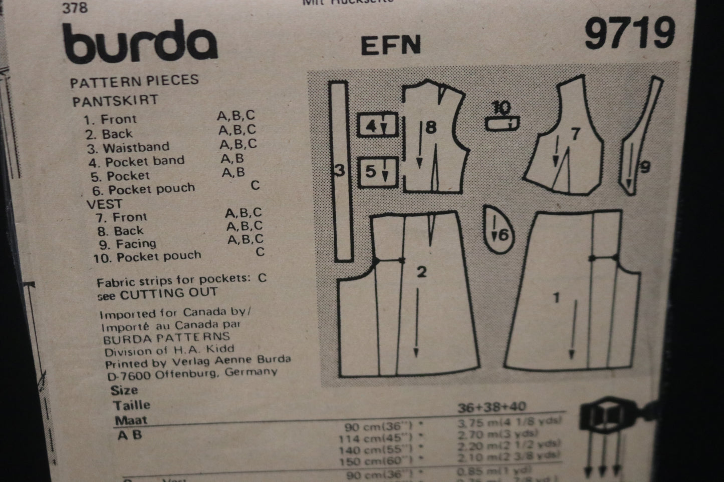 Burda 9719 Misses Vest and Pantskirt Sewing Pattern - UNCUT Size 10 12 14