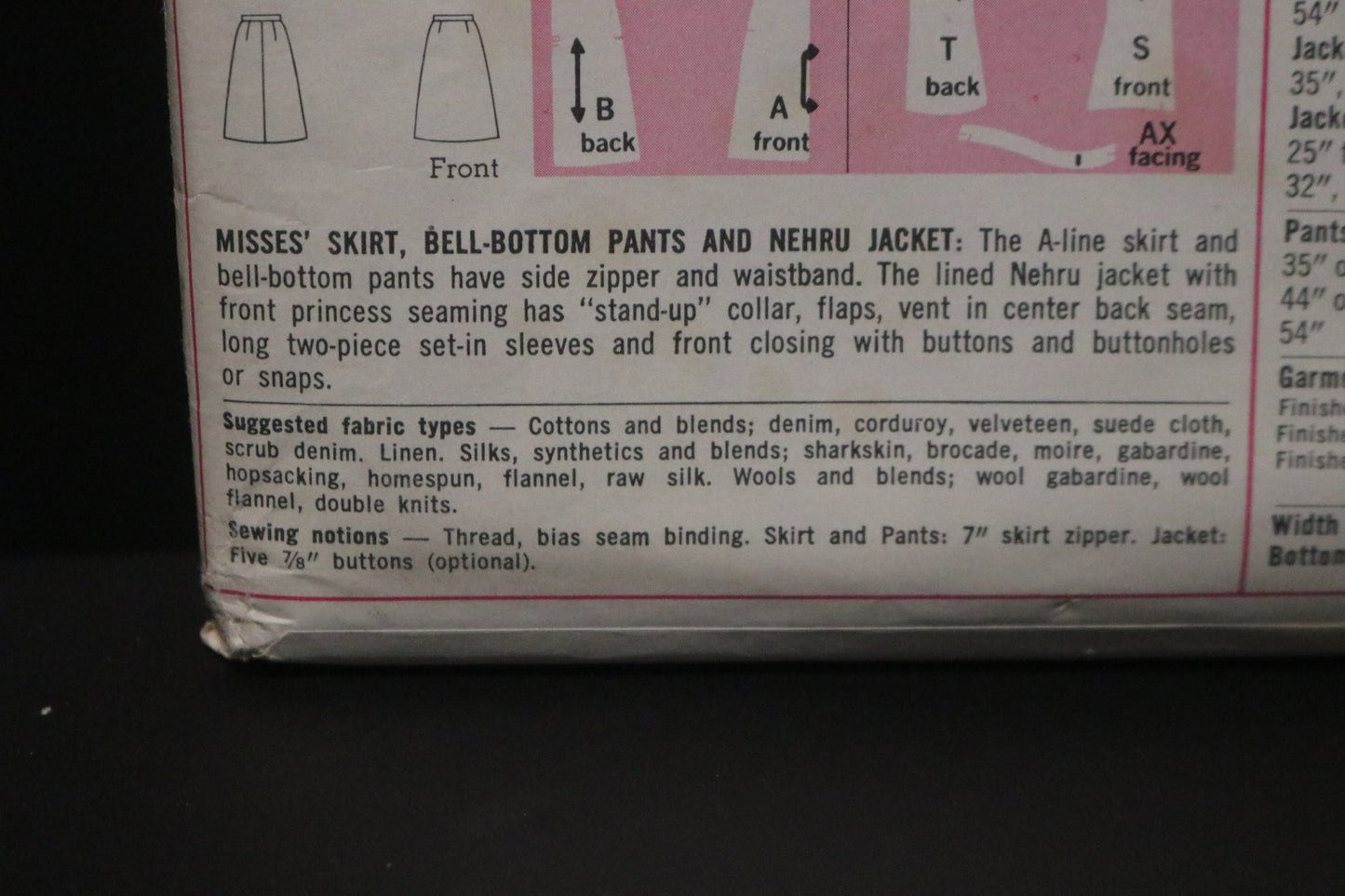 Simplicity 7954 Misses Skirt Bell - Bottom Pants and Nehru Jacket Sewing Pattern - UNCUT - Size 12