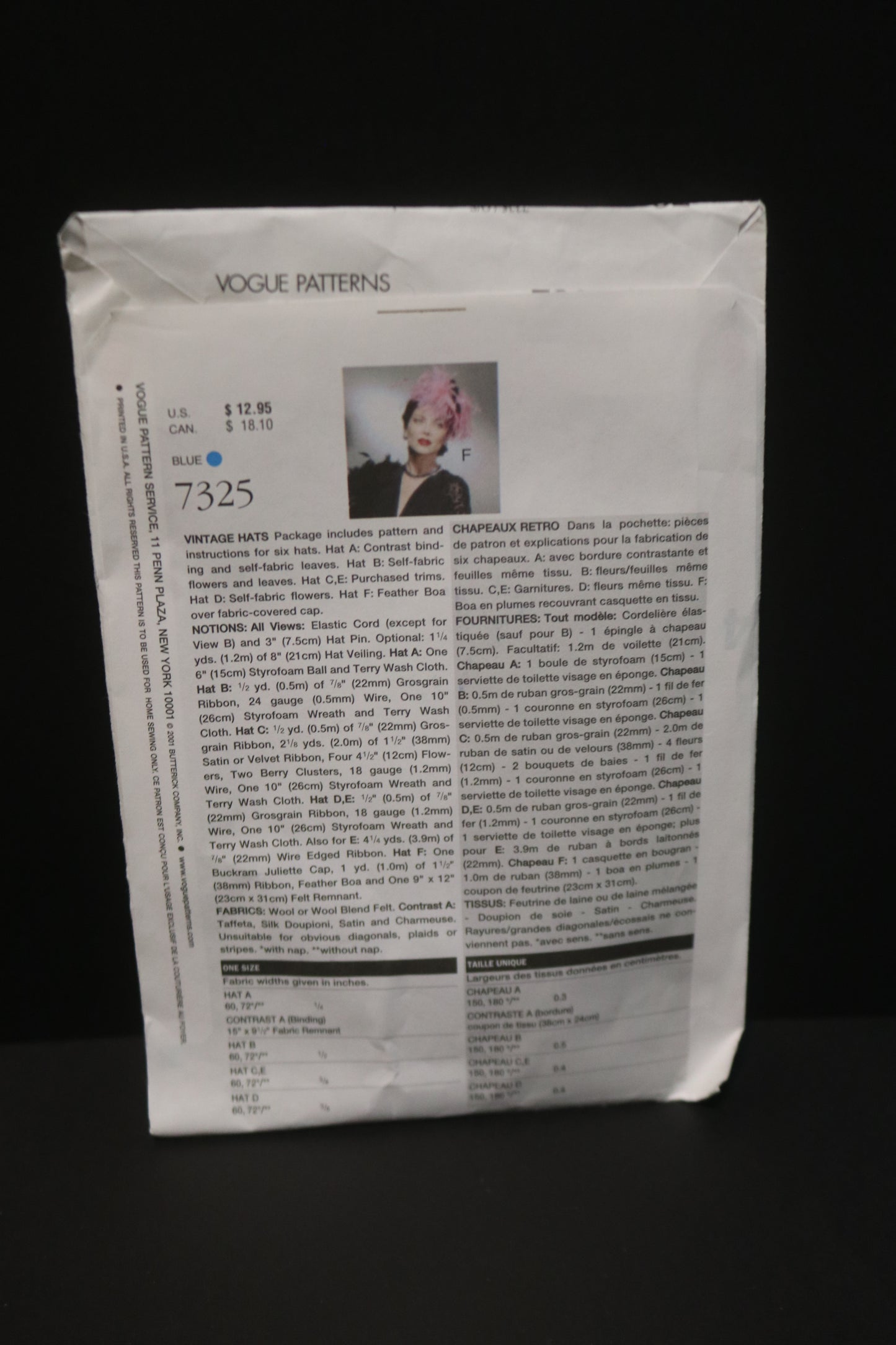 Vogue 7325 Misses Vintage Hats Sewing Pattern - UNCUT