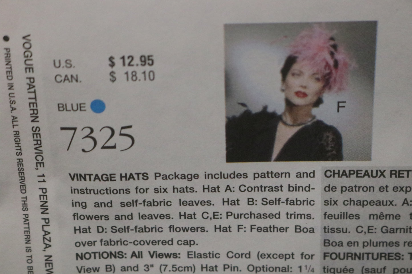 Vogue 7325 Misses Vintage Hats Sewing Pattern - UNCUT