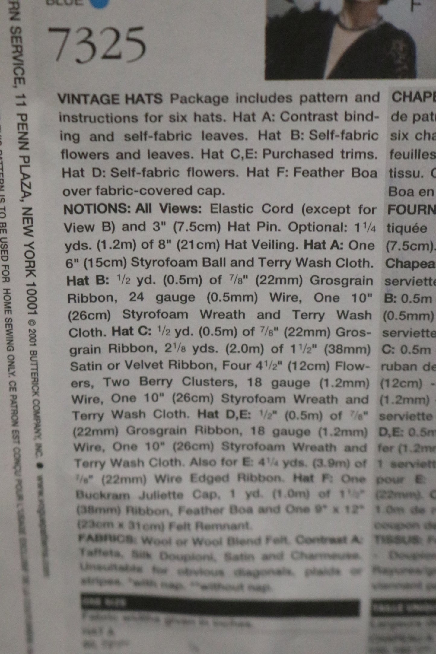 Vogue 7325 Misses Vintage Hats Sewing Pattern - UNCUT