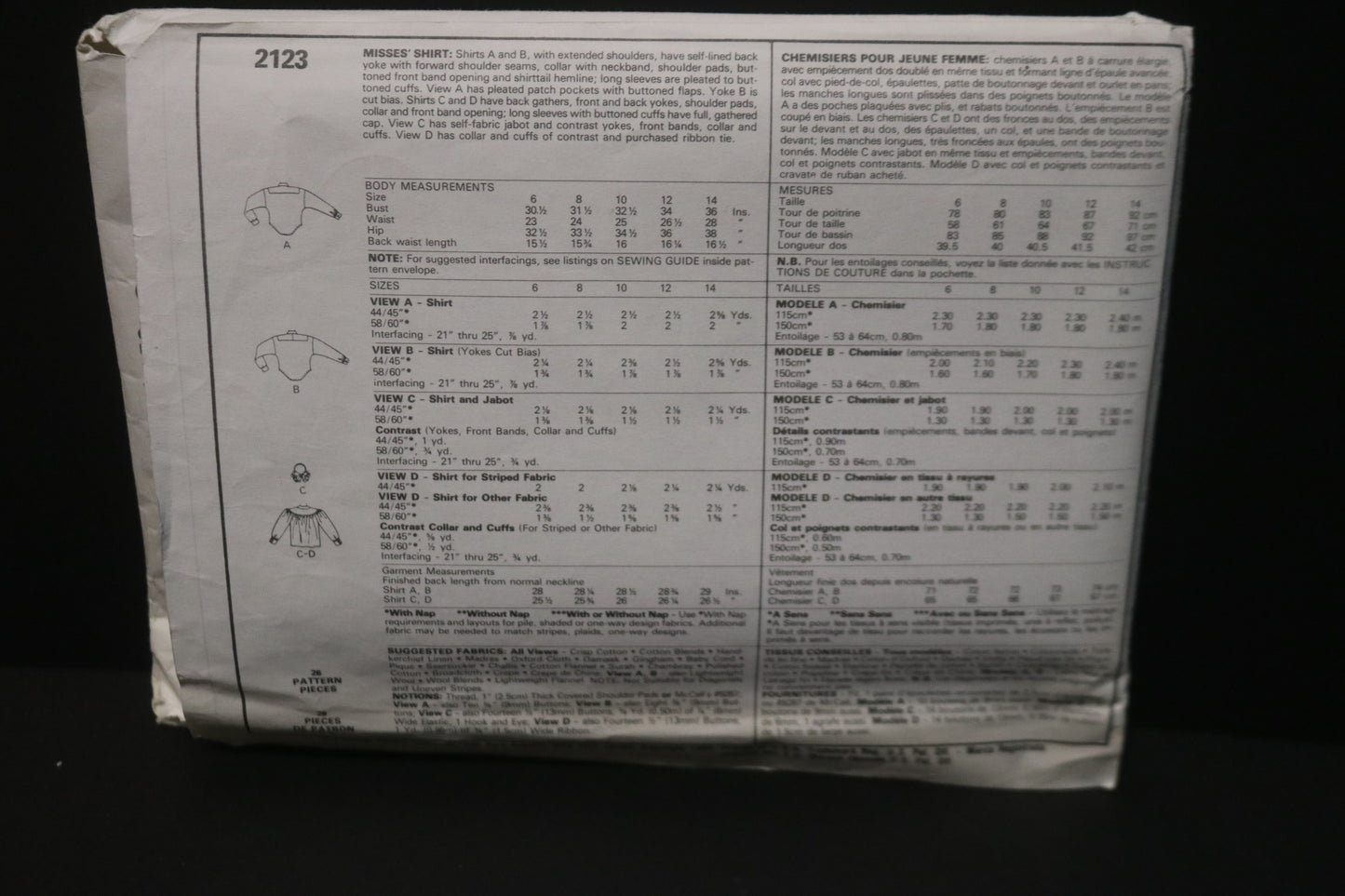 McCalls 2123 Misses Shirt Sewing Pattern UNCUT - Size 10