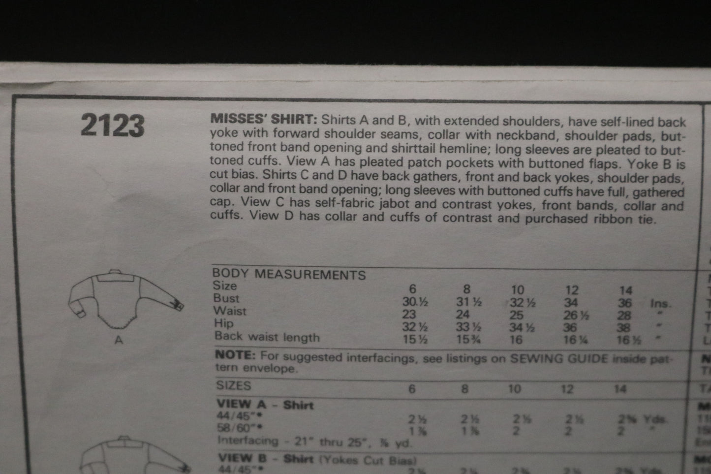 McCalls 2123 Misses Shirt Sewing Pattern UNCUT - Size 10