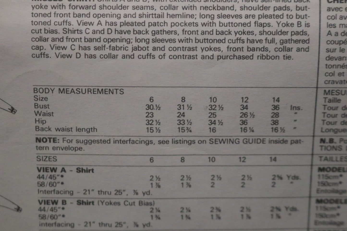 McCalls 2123 Misses Shirt Sewing Pattern UNCUT - Size 10