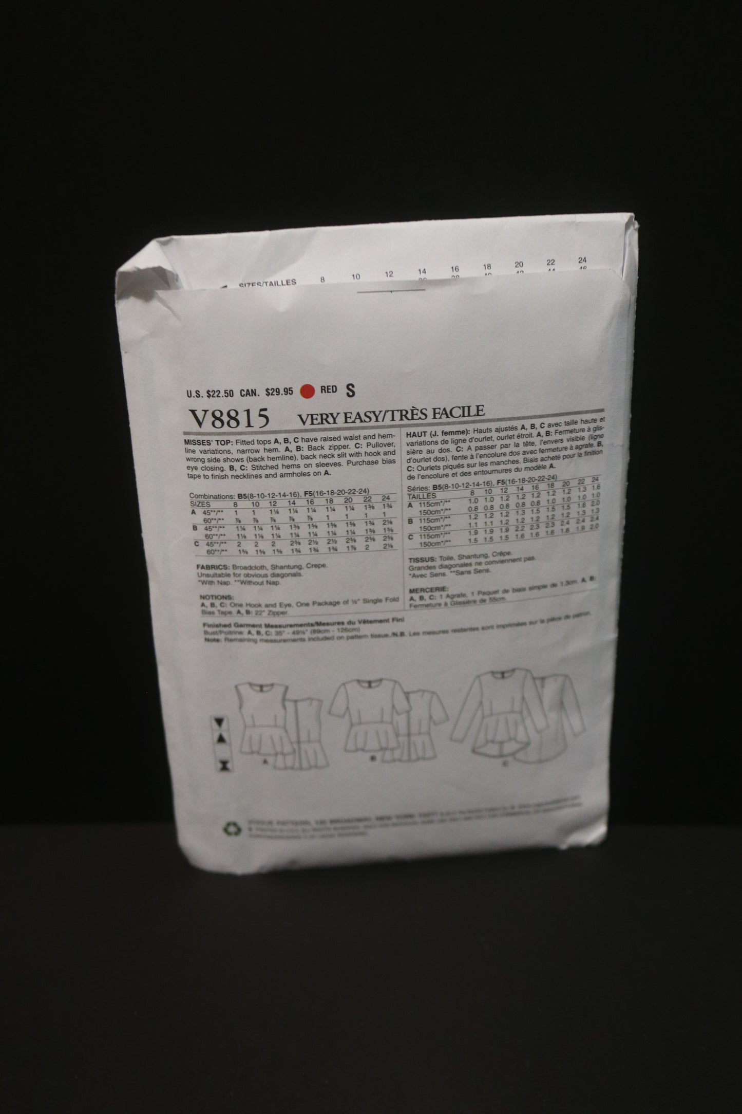 Vogue 8815 Misses Top Sewing Pattern - UNCUT - Size 16 18 20 22 24