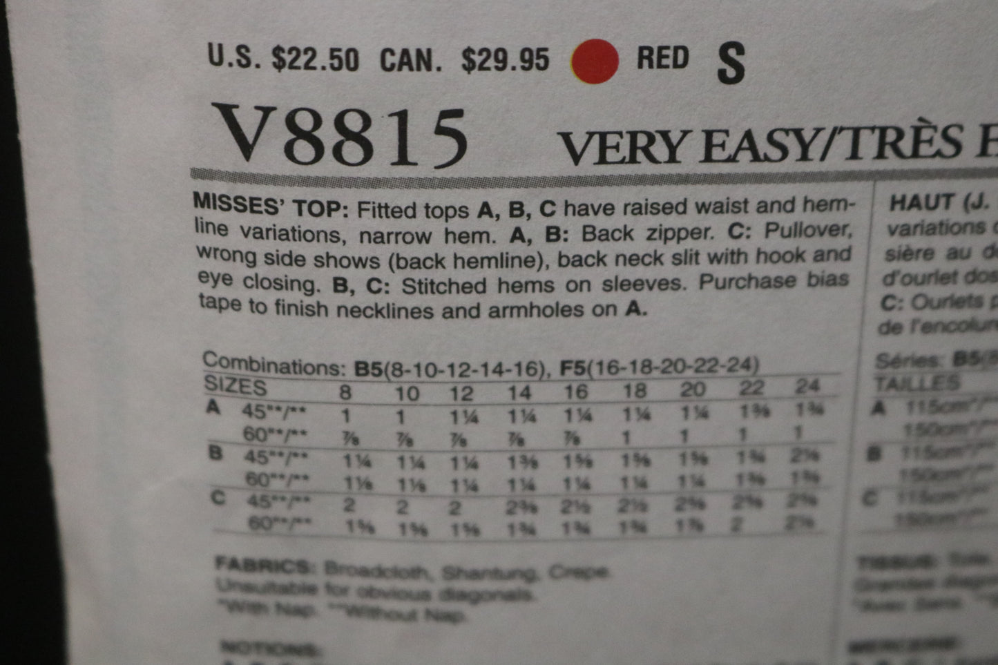 Vogue 8815 Misses Top Sewing Pattern - UNCUT - Size 16 18 20 22 24