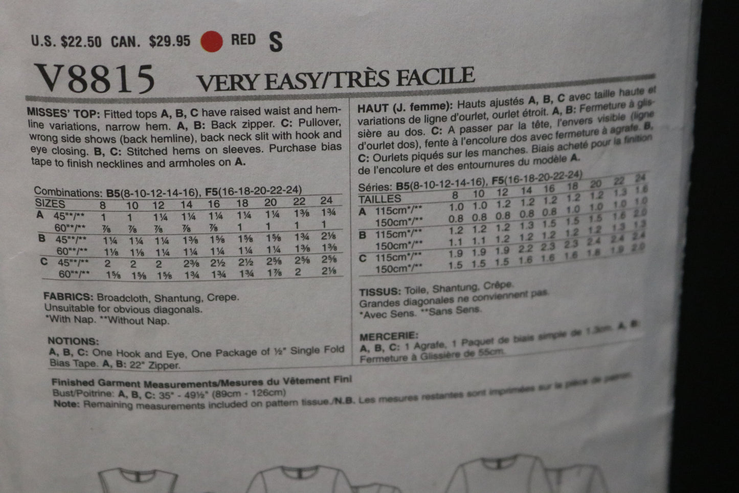 Vogue 8815 Misses Top Sewing Pattern - UNCUT - Size 16 18 20 22 24