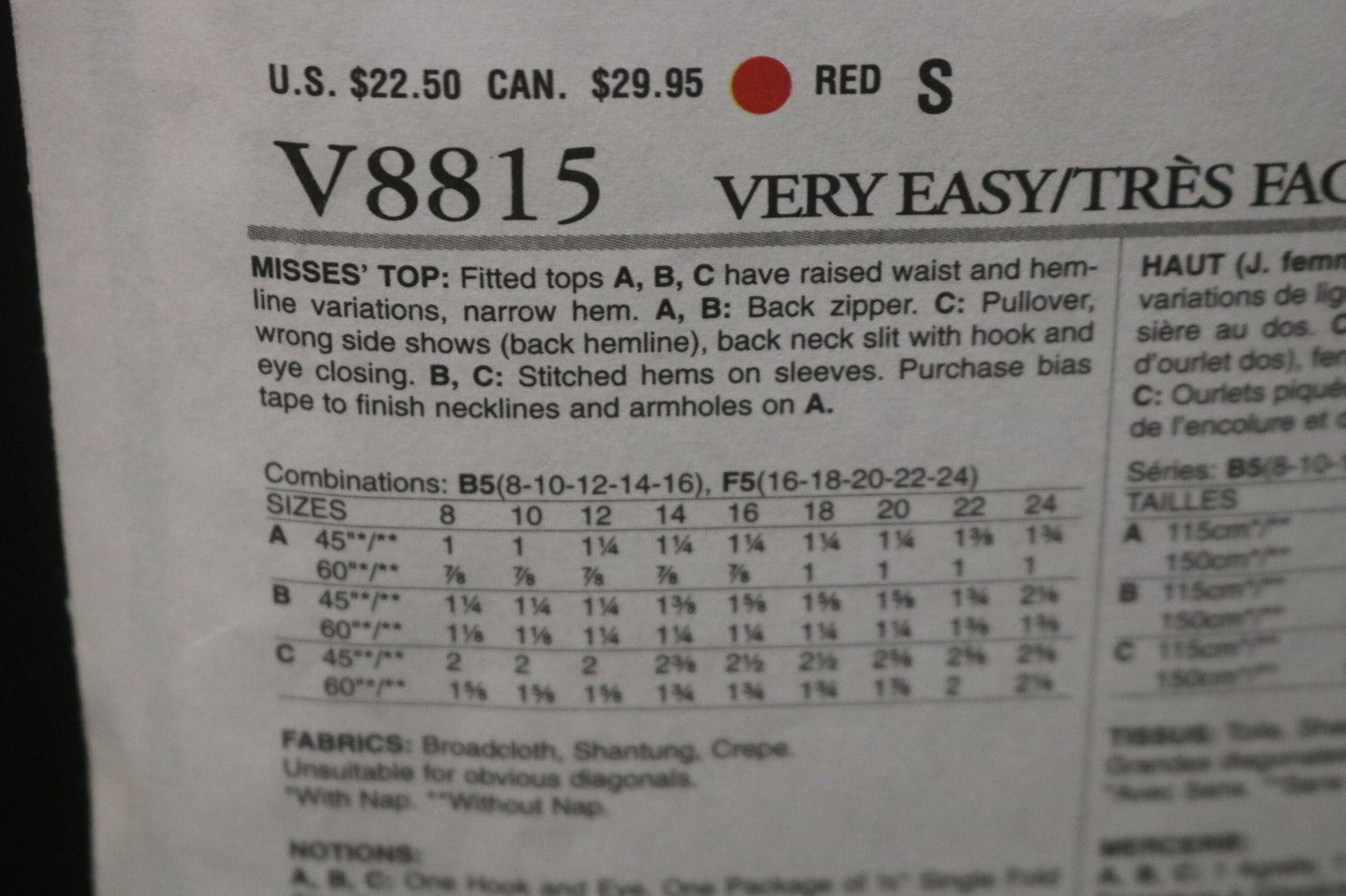 Vogue 8815 Misses Top Sewing Pattern - UNCUT - Size 16 18 20 22 24