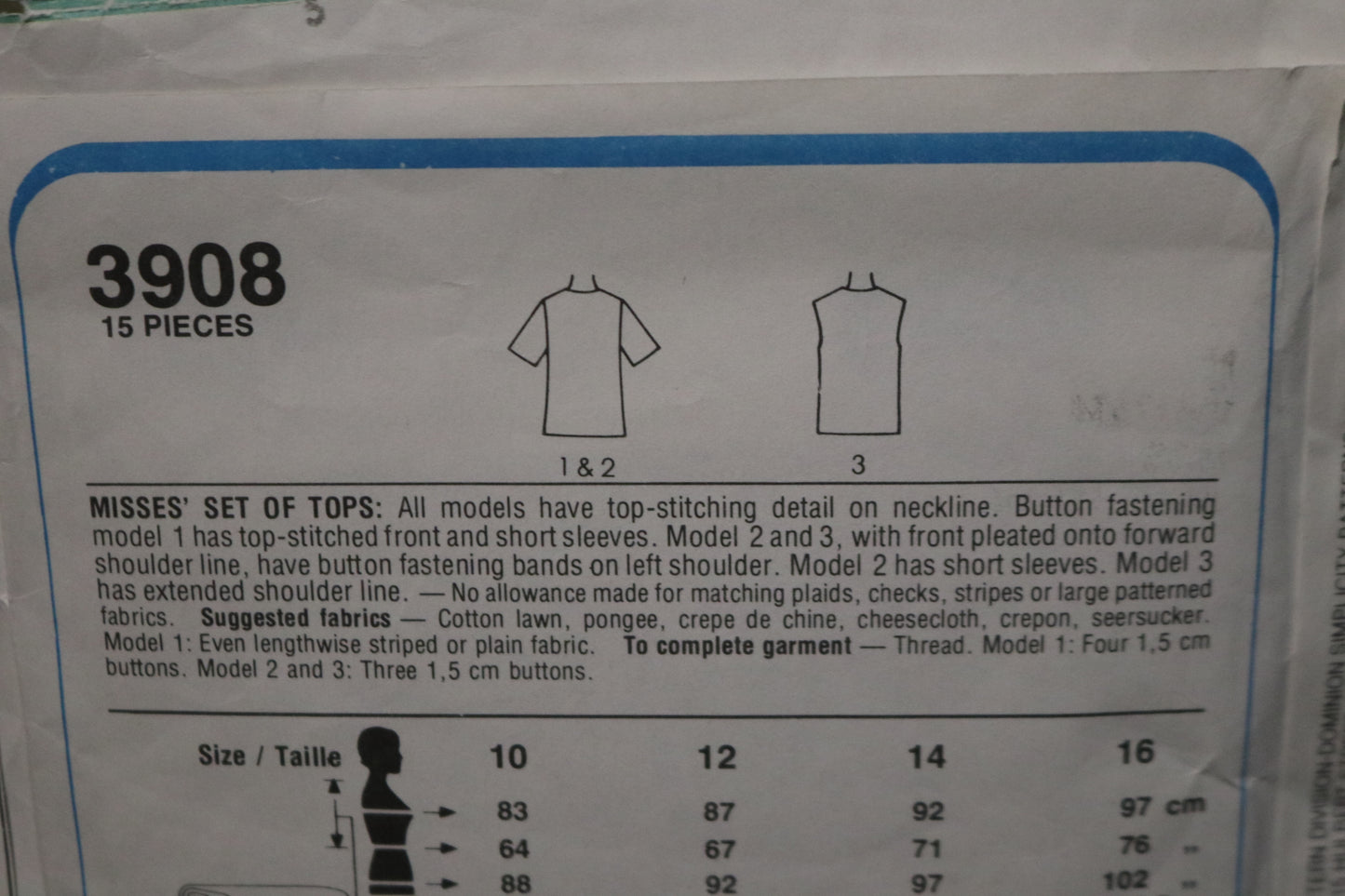 Style 3908 Misses Set of Tops Sewing Pattern UNCUT Size 10 12 14
