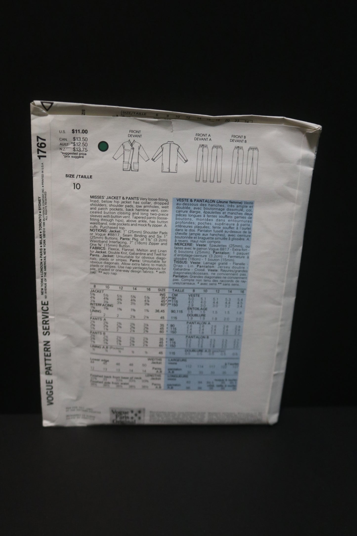 Vogue 1767 Claude Montana Misses Jacket and Pants Sewing Pattern - UNCUT - Size 10