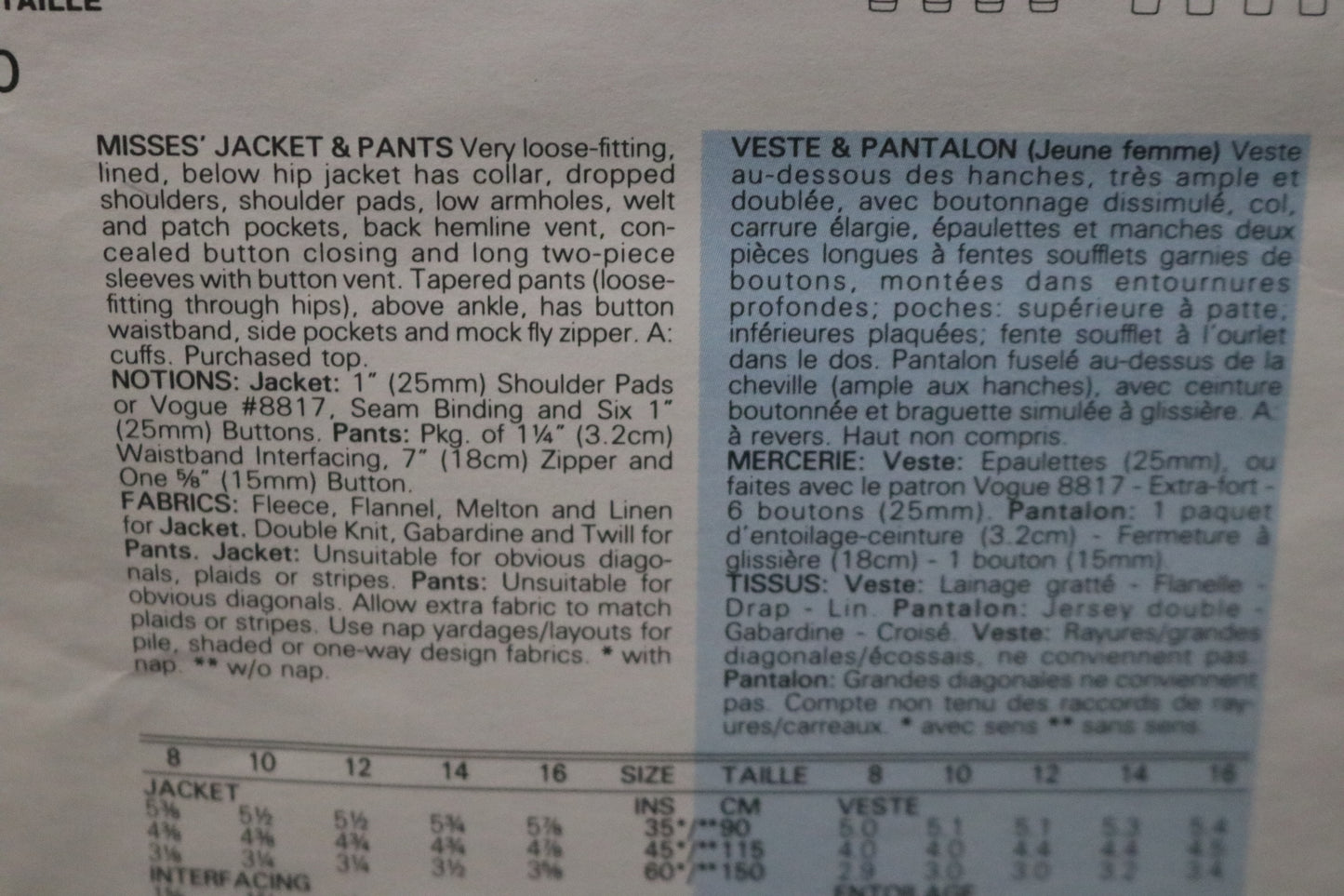 Vogue 1767 Claude Montana Misses Jacket and Pants Sewing Pattern - UNCUT - Size 10