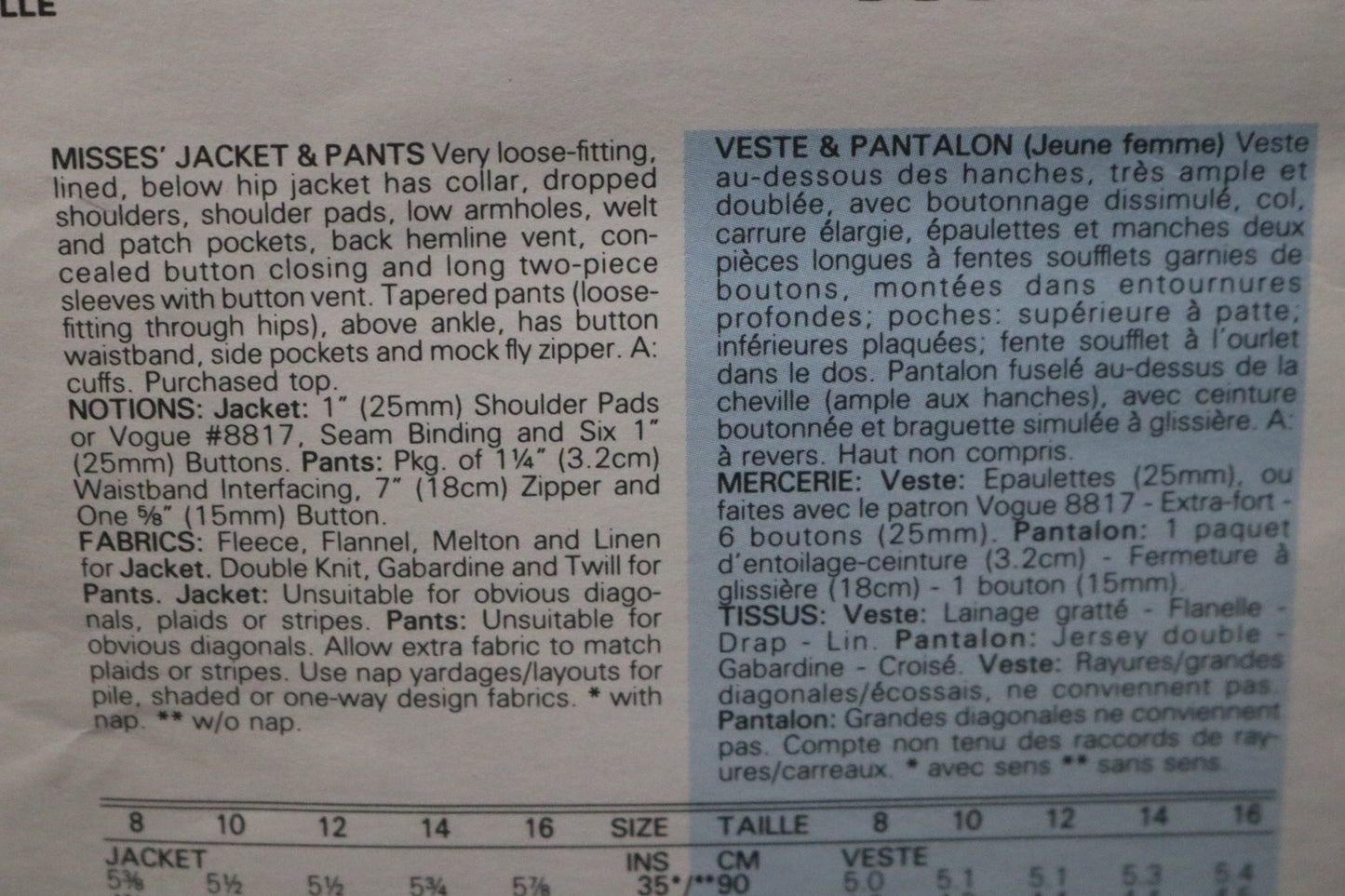 Vogue 1767 Claude Montana Misses Jacket and Pants Sewing Pattern - UNCUT - Size 10