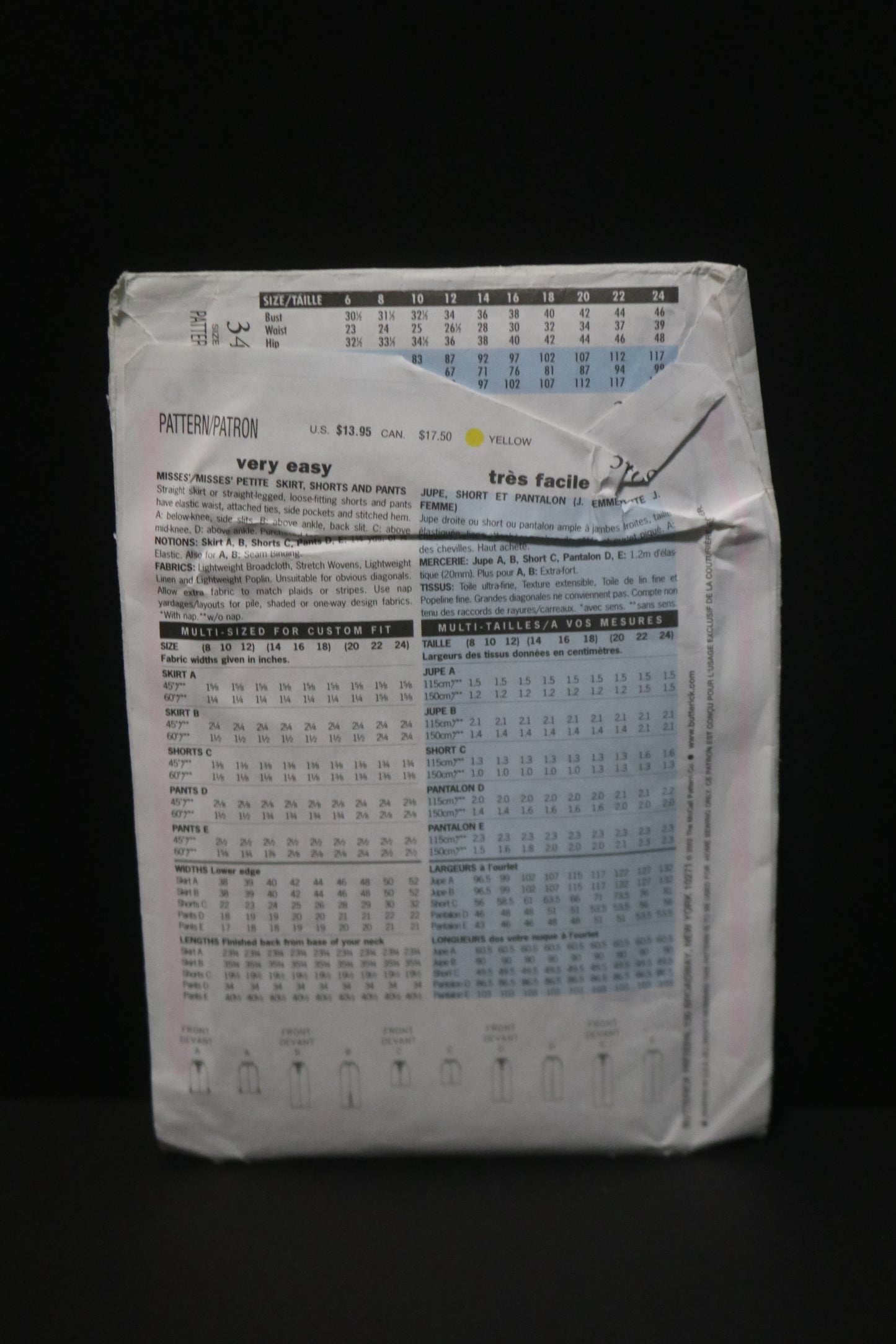 Butterick 3460 Misses / Misses Petite Skirt Shorts and Pants Sewing Pattern - UNCUT - Size 20 22 24