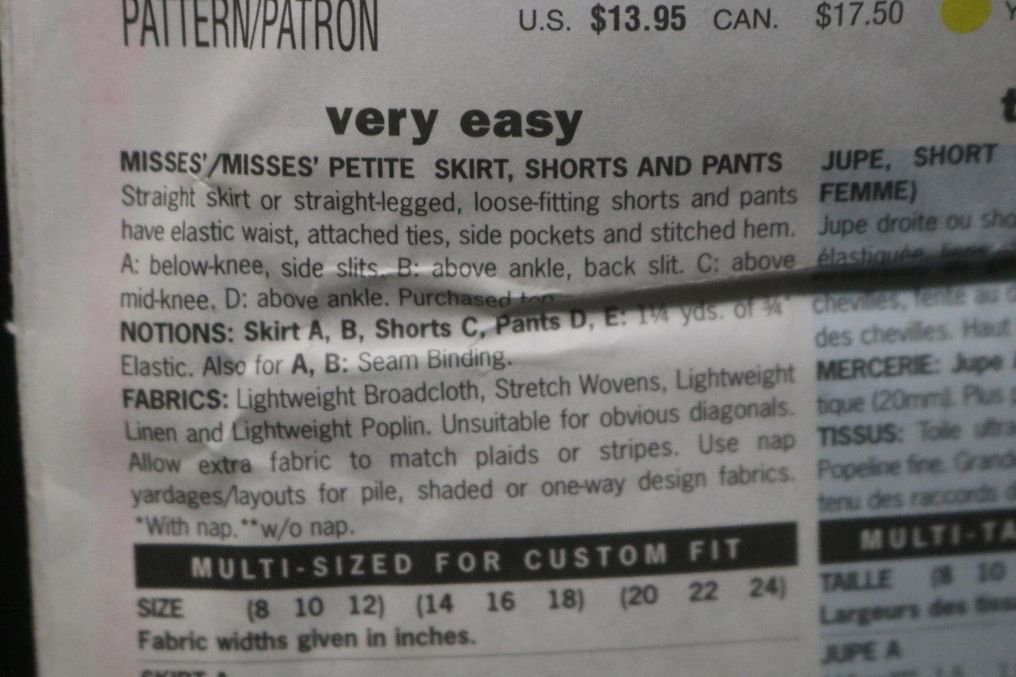 Butterick 3460 Misses / Misses Petite Skirt Shorts and Pants Sewing Pattern - UNCUT - Size 20 22 24