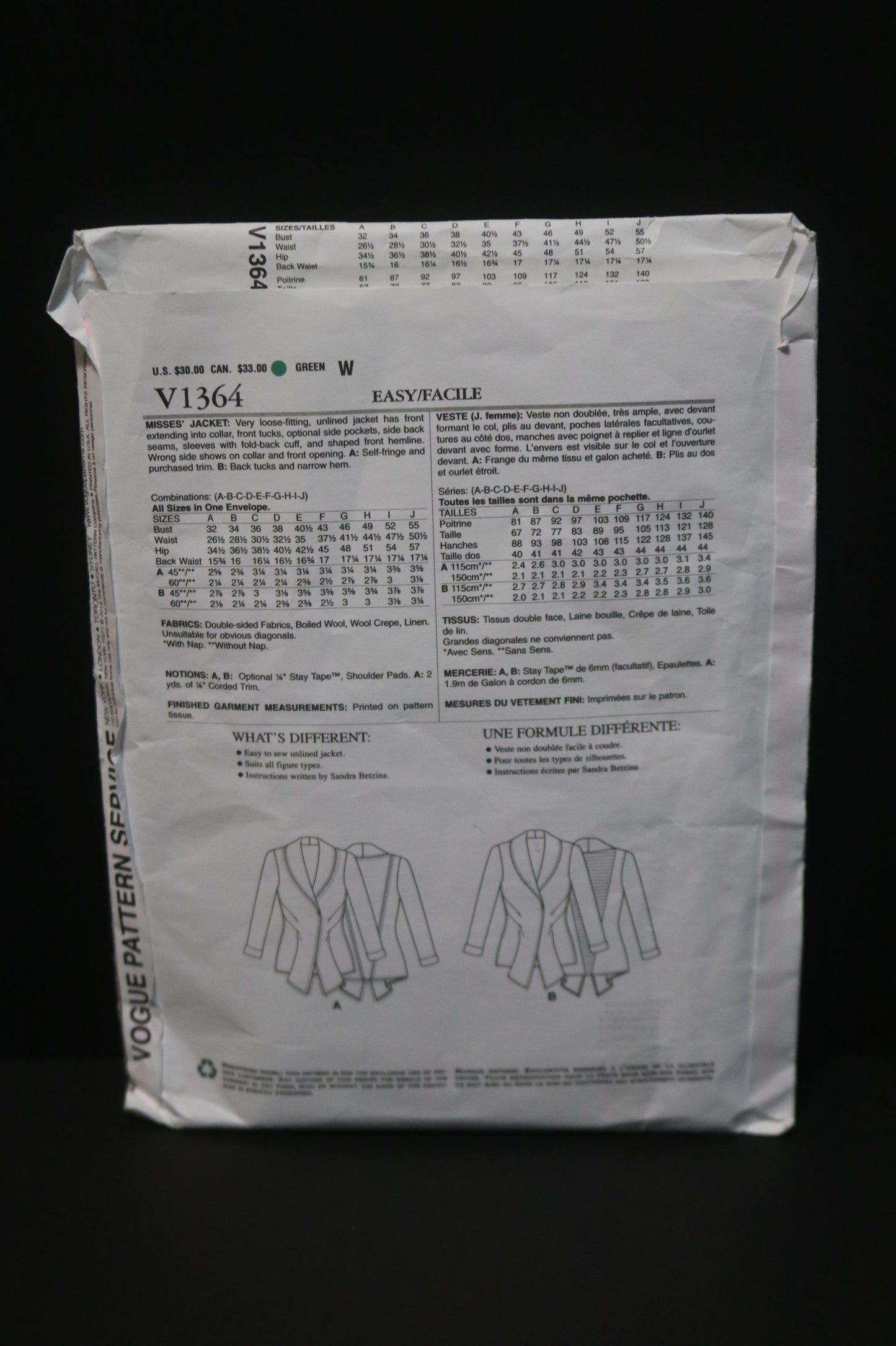 Vogue 1364 Sandra Betzina Misses Jacket Sewing Pattern - UNCUT - Size A B C D E F G H I J