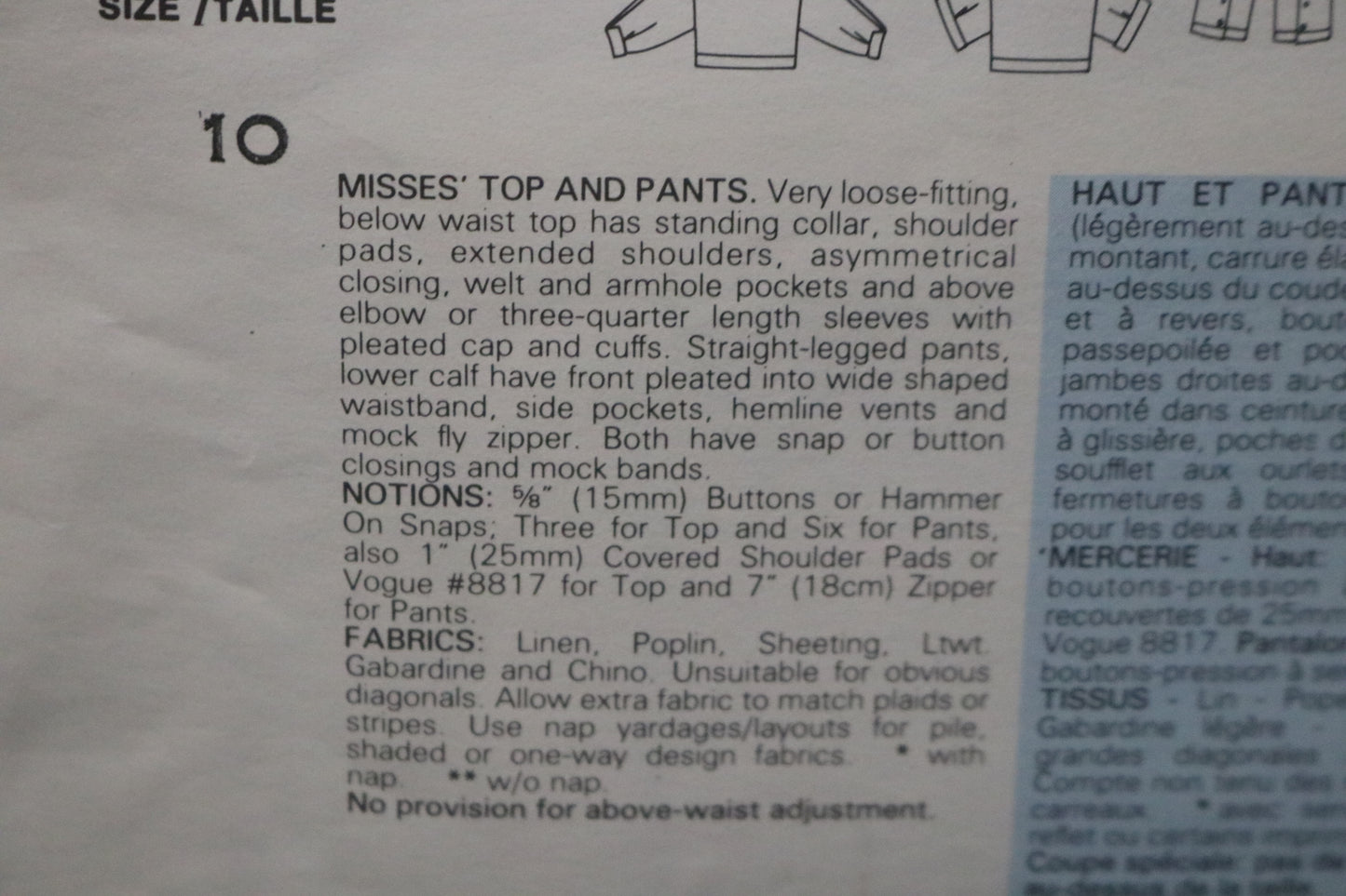 Vogue 1382 Claude Montana Misses Top and Pants Sewing Pattern - UNCUT - Size 10