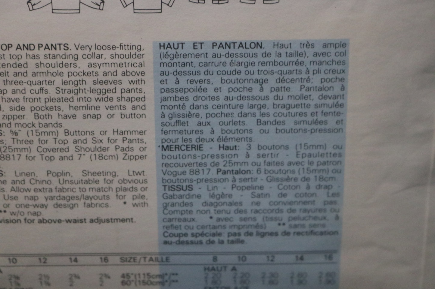 Vogue 1382 Claude Montana Misses Top and Pants Sewing Pattern - UNCUT - Size 10