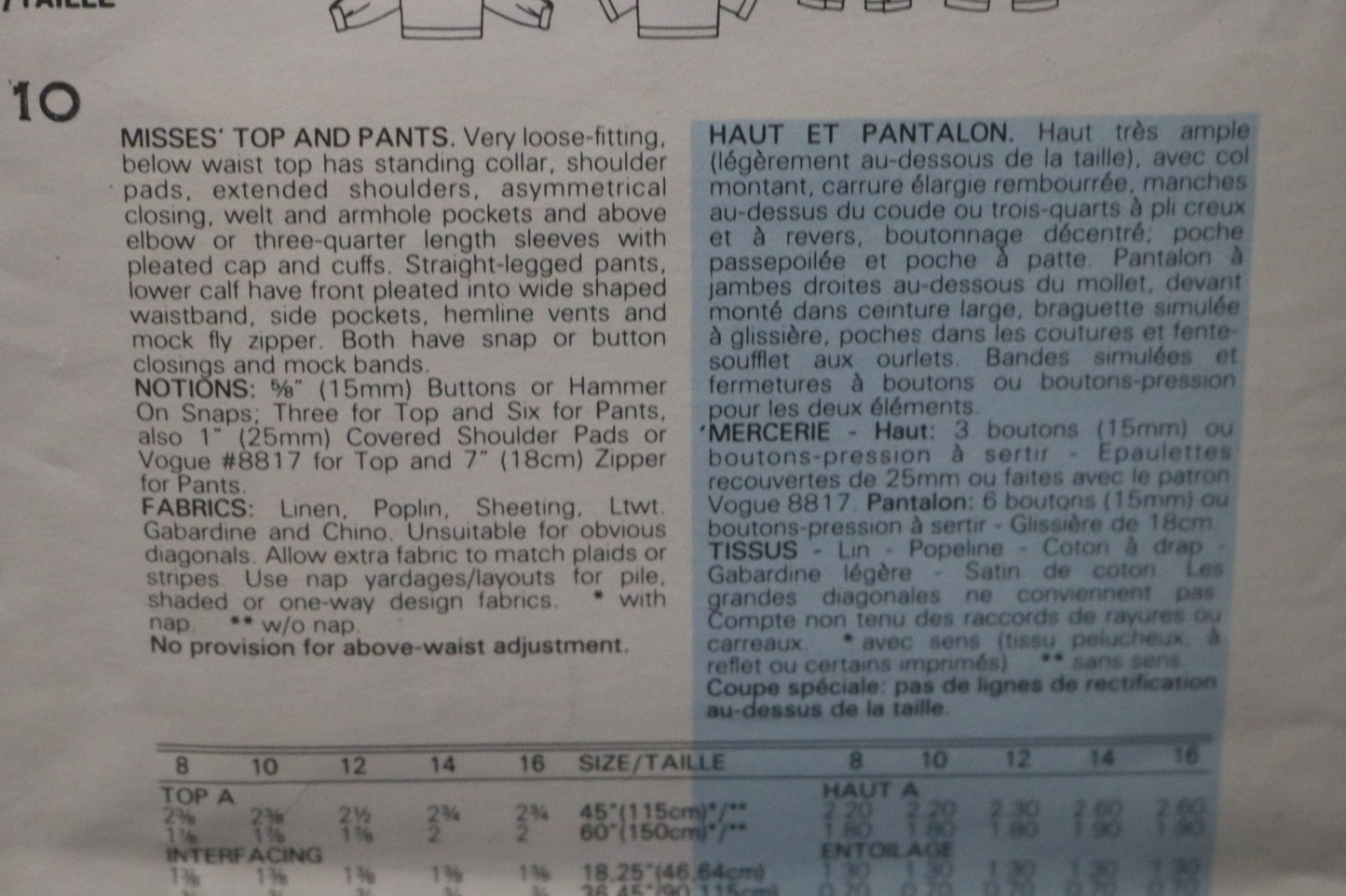Vogue 1382 Claude Montana Misses Top and Pants Sewing Pattern - UNCUT - Size 10
