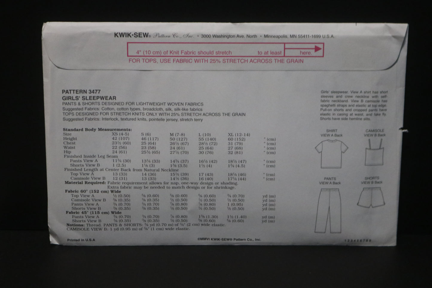 Kwik Sew 3477 Girls Sleepwear Sewing Pattern - UNCUT - Size XS S M L XL