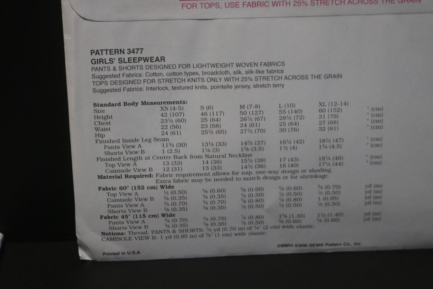 Kwik Sew 3477 Girls Sleepwear Sewing Pattern - UNCUT - Size XS S M L XL