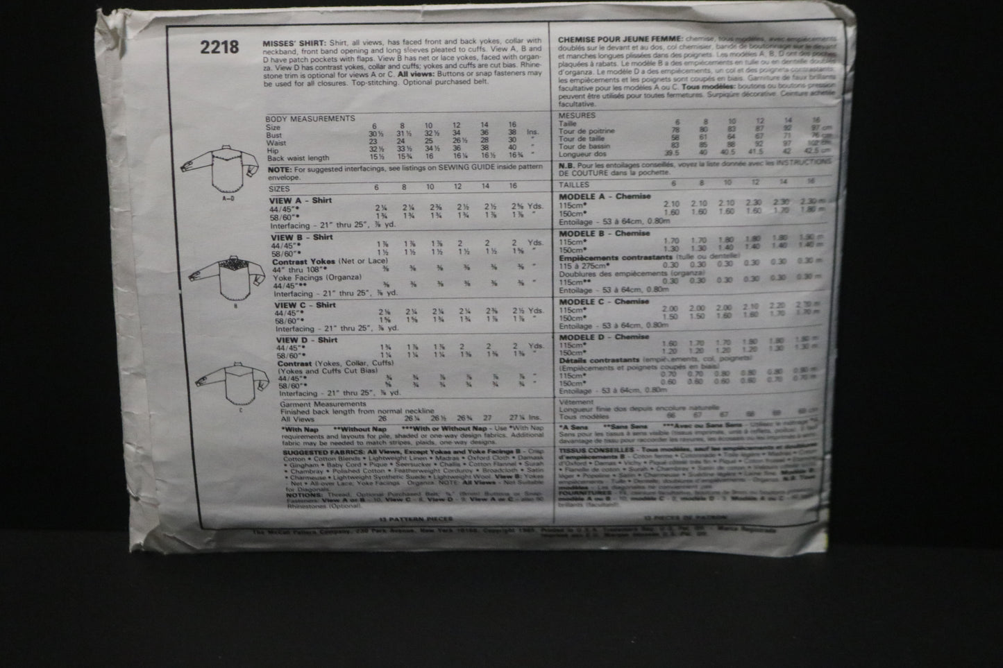 McCalls 2218 Misses Shirt Sewing Pattern UNCUT - Size 12