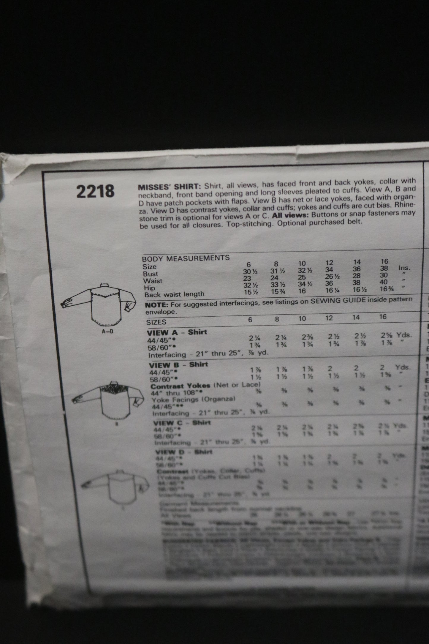 McCalls 2218 Misses Shirt Sewing Pattern UNCUT - Size 12