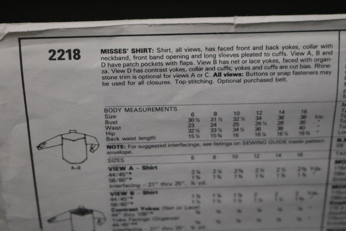 McCalls 2218 Misses Shirt Sewing Pattern UNCUT - Size 12