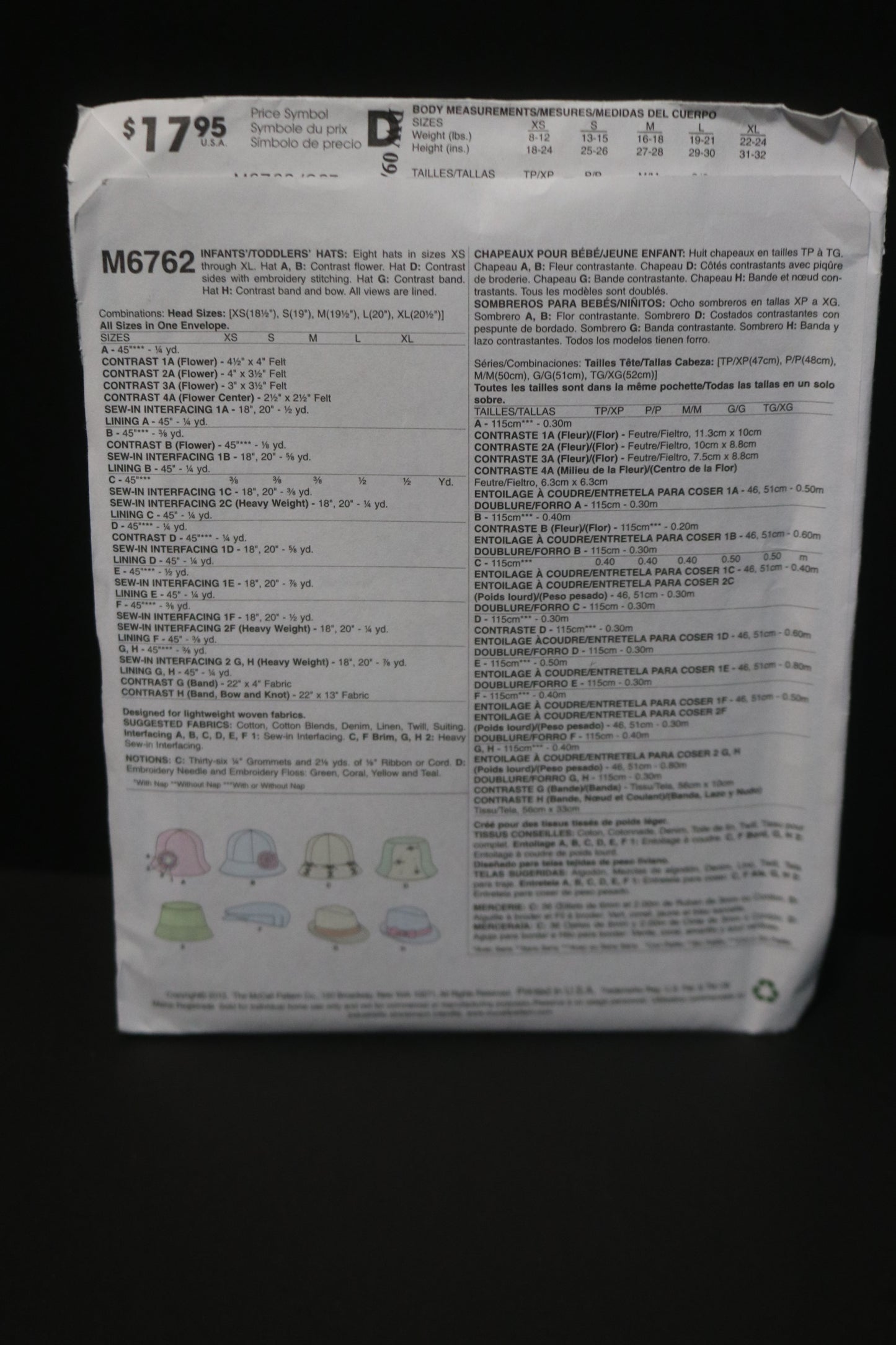 McCalls 6762 Infants / Toddlers Hats Sewing Pattern - UNCUT