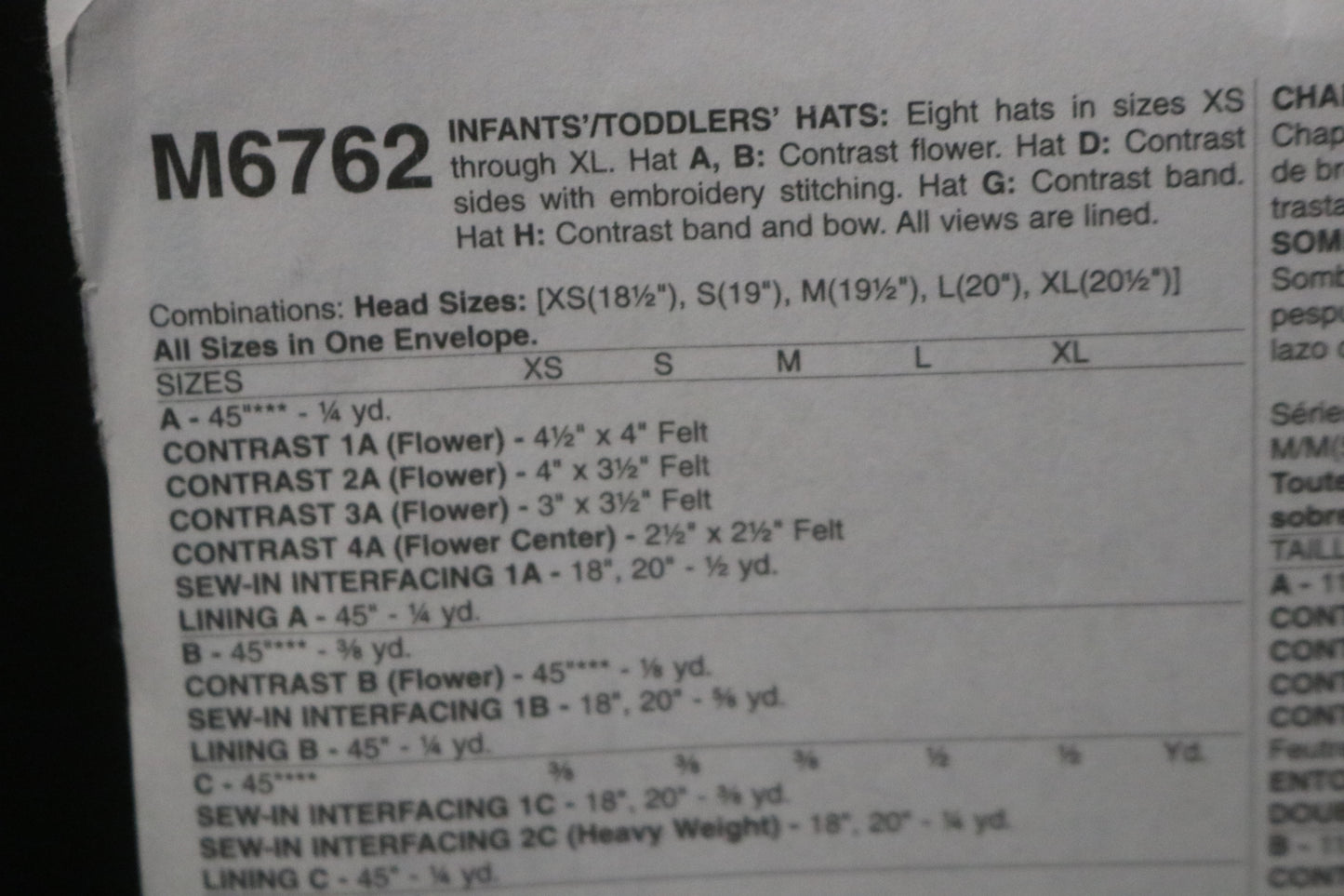 McCalls 6762 Infants / Toddlers Hats Sewing Pattern - UNCUT