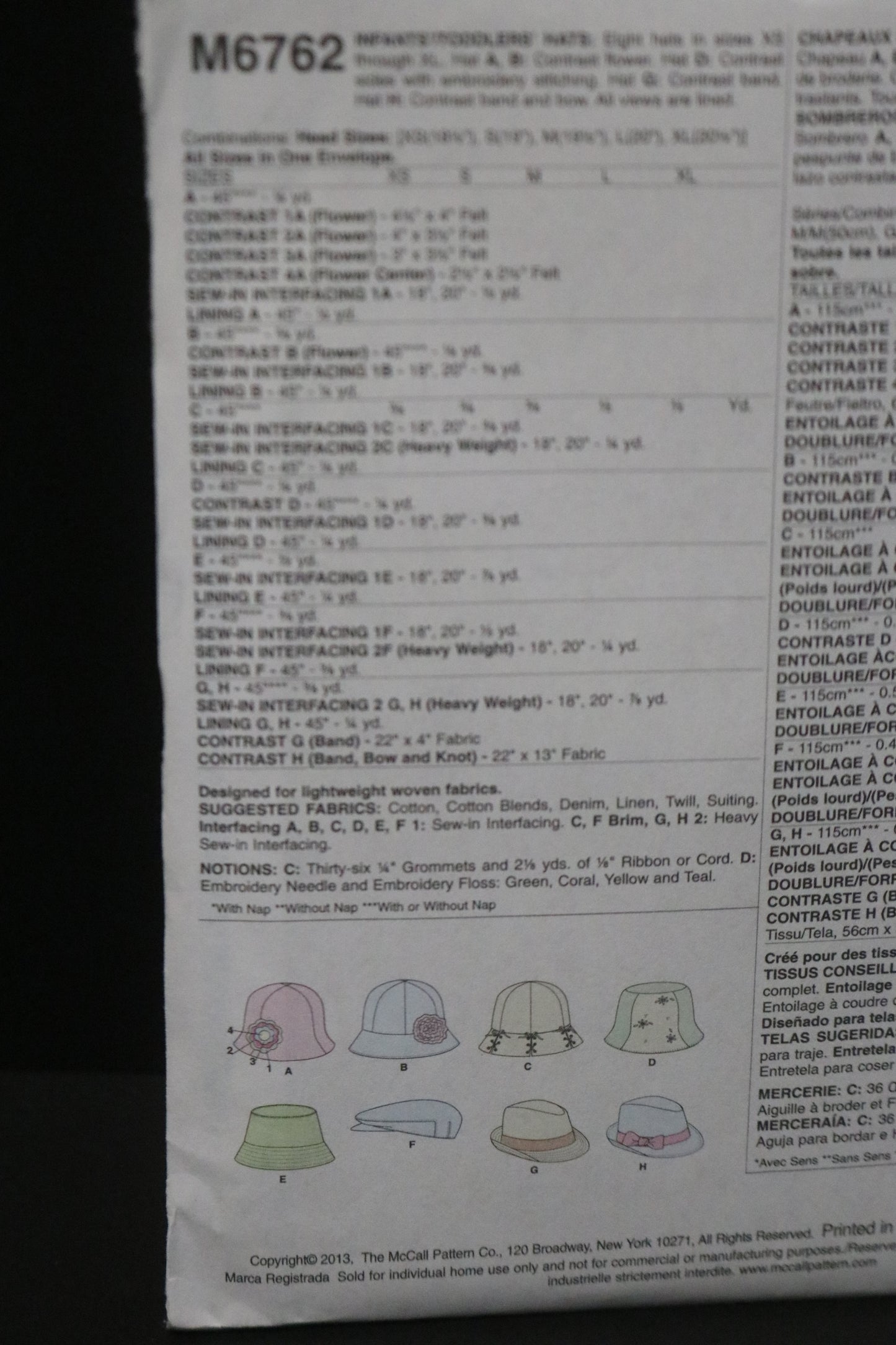 McCalls 6762 Infants / Toddlers Hats Sewing Pattern - UNCUT