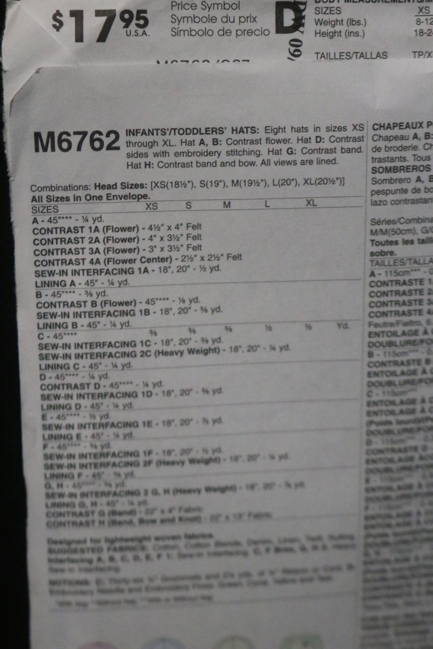 McCalls 6762 Infants / Toddlers Hats Sewing Pattern - UNCUT