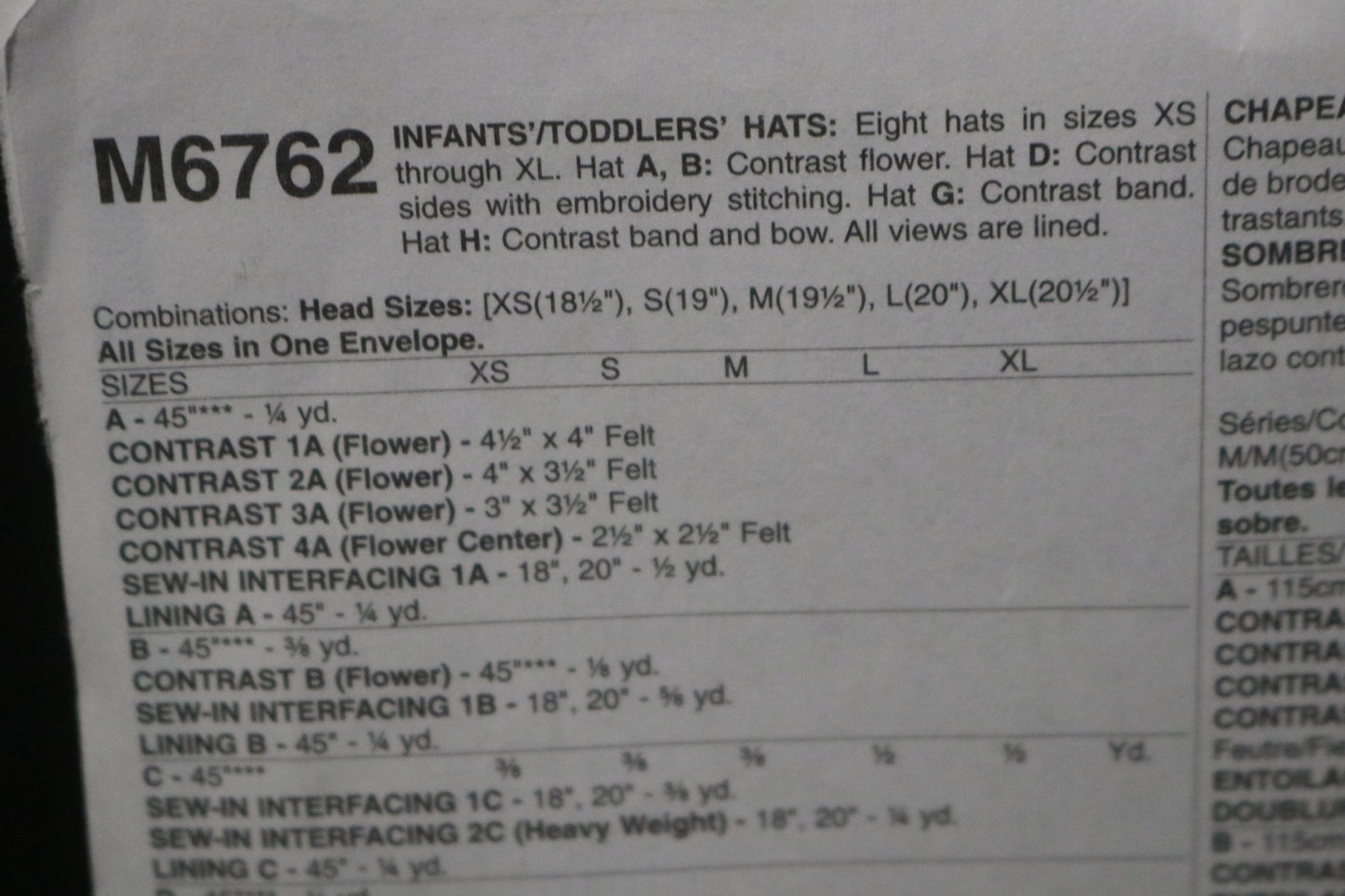 McCalls 6762 Infants / Toddlers Hats Sewing Pattern - UNCUT