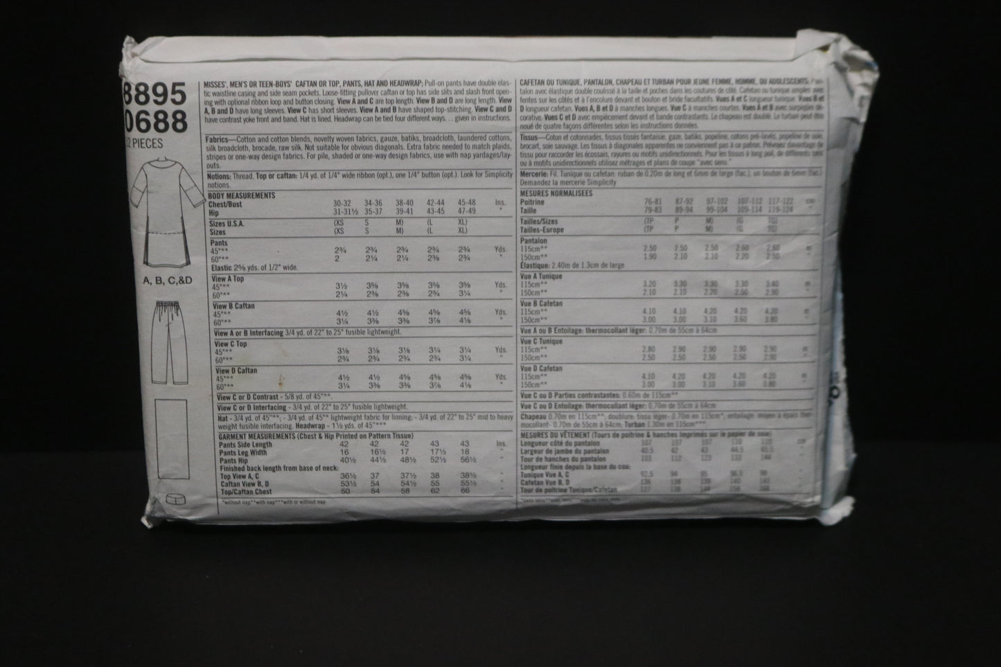 Simplicity 8895 Misses Mens or Teen Boys Caftan or Top Pants Hat and Headwrap Sewing Pattern UNCUT - Size Lg - XL