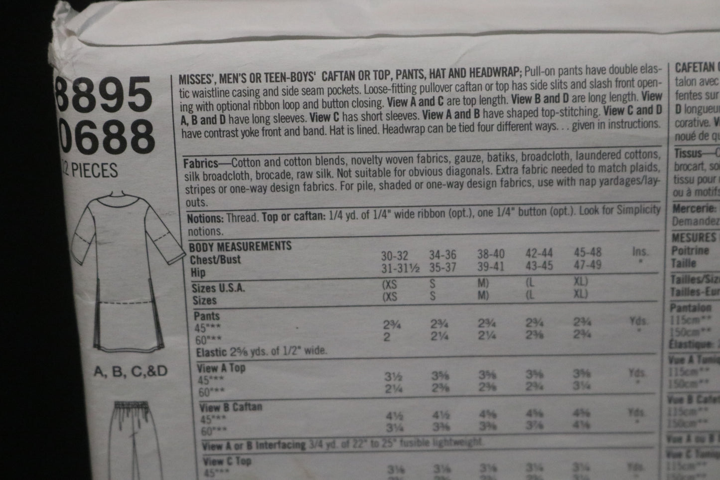 Simplicity 8895 Misses Mens or Teen Boys Caftan or Top Pants Hat and Headwrap Sewing Pattern UNCUT - Size Lg - XL